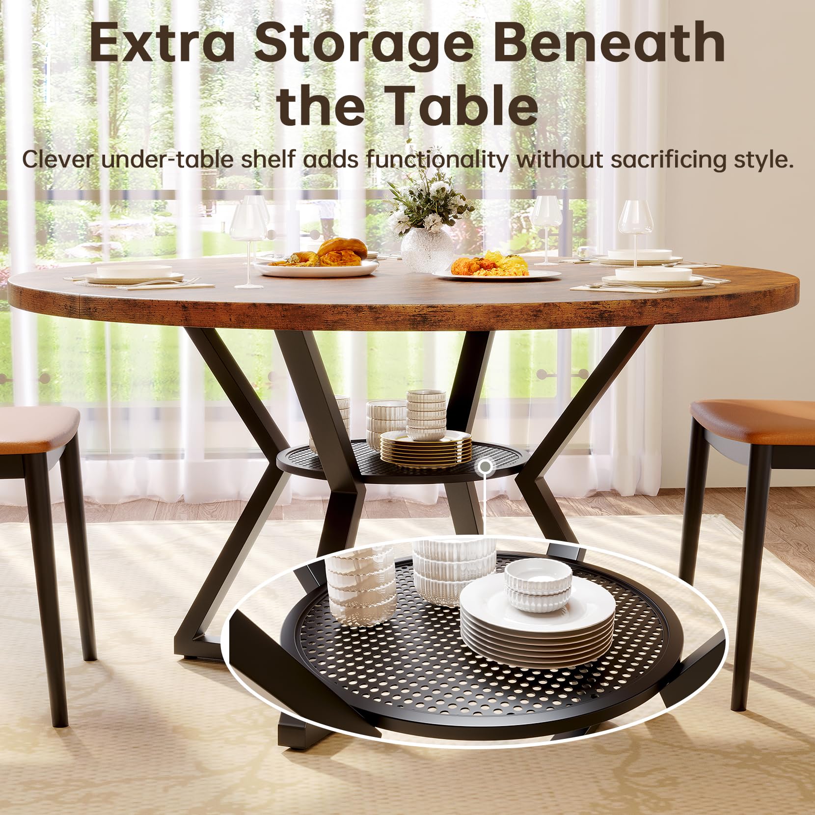 Concho 55" Round Table for 4-6, Circle Dining Dinner Table with Pedestal Metal Frame, Space Saving Wood Kitchen & Dining Room Furniture, Farmhouse Brown