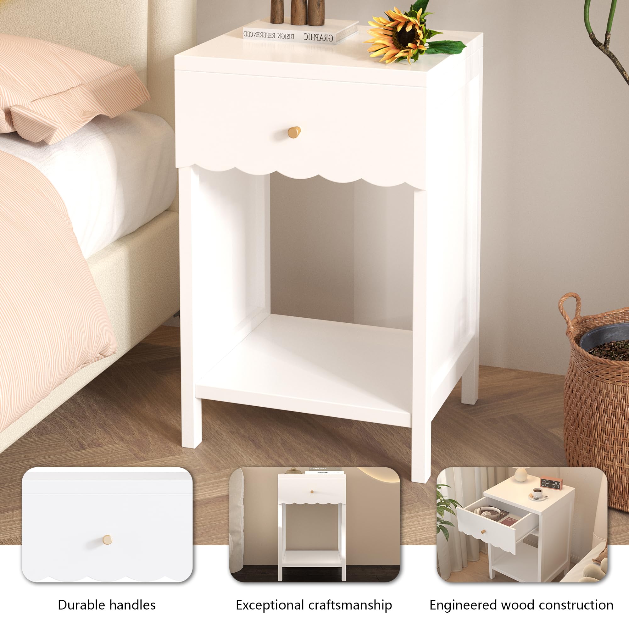 Xylavate Cute White Nightstand with Drawer and Open Shelf, Scalloped Edge Design Bedroom Bedside Table, Wood End Table for Kids Girls Bedroom, White
