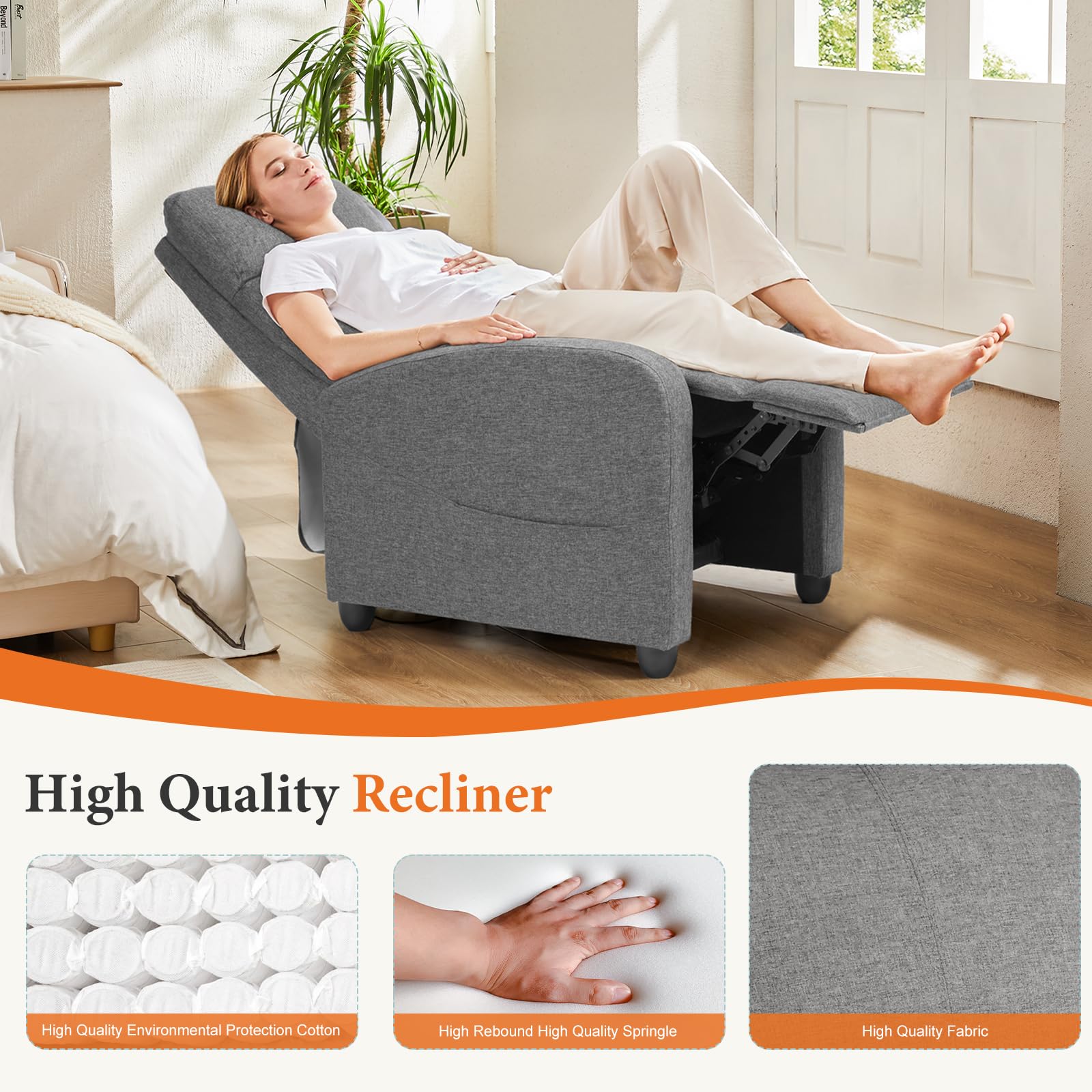 Sweetcrispy Recliner Chair Fabric Recliner Sofa No Massage, Home Theater Seating with Lumbar Support, Adjustable Push Back Overstuffed High-Density Sponge Reclining for Living Room, Slate Gray