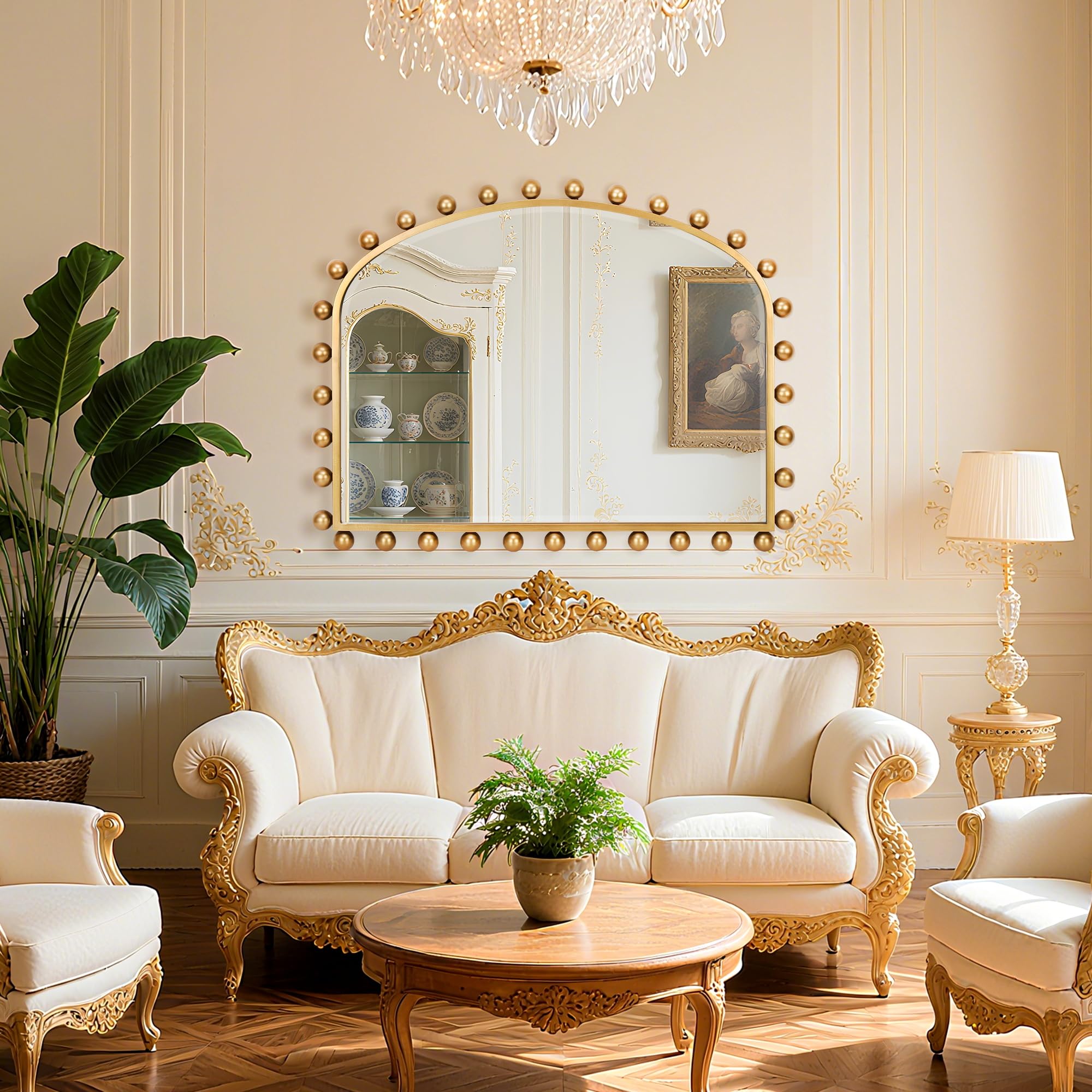 Wide Arch Wall Mirror with Antique Gold Ball Frame & Beveled Glass