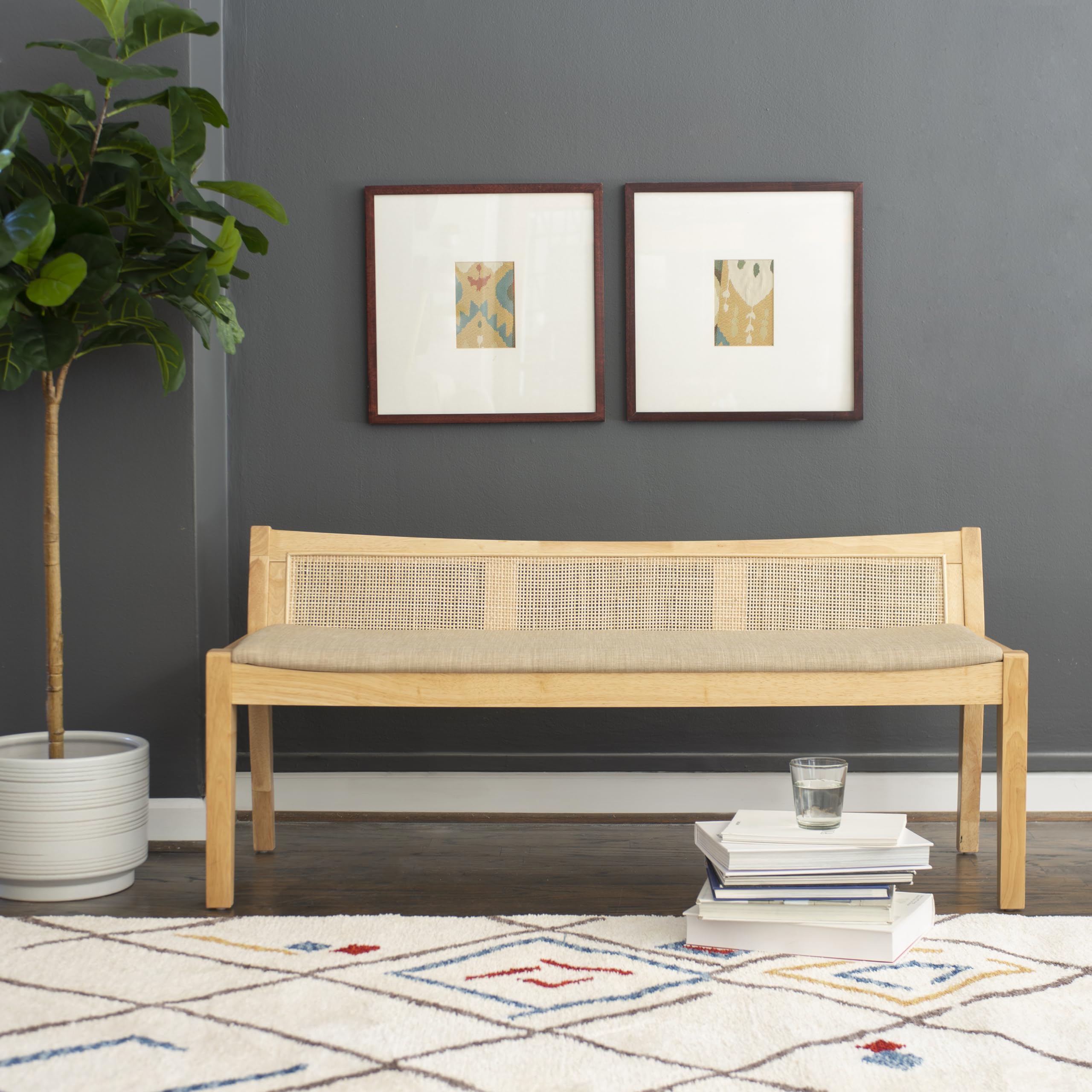 Powell Kasi Natural Low Back Cane Bench with Beige Upholstered Seat