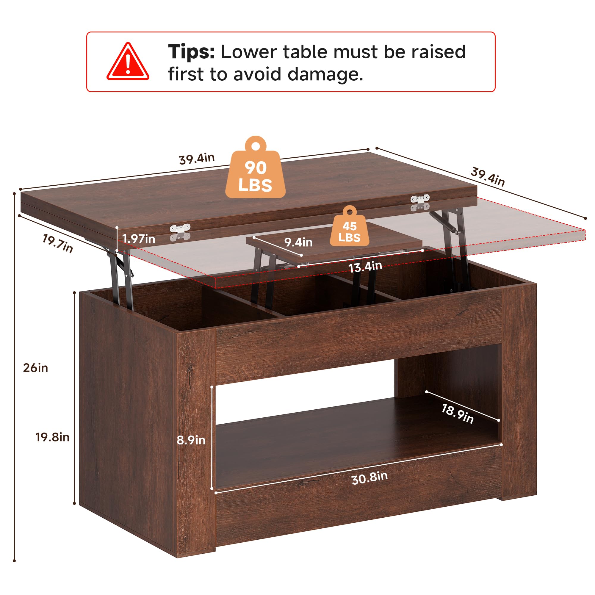 UNIQUITE 40" Lift Top Coffee Table, 4 in 1 Multi-Function Lift Coffee Tables with Storage and Hidden Compartment, Convertible Wood Coffee Tables to Dining Table for Living Room, Walnut