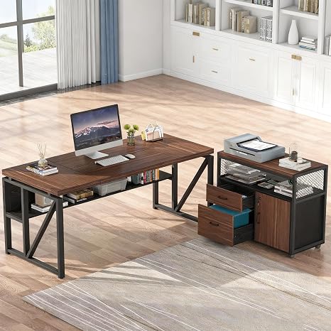 L-Shaped Executive Desk with Drawers & File Cabinet, 63"