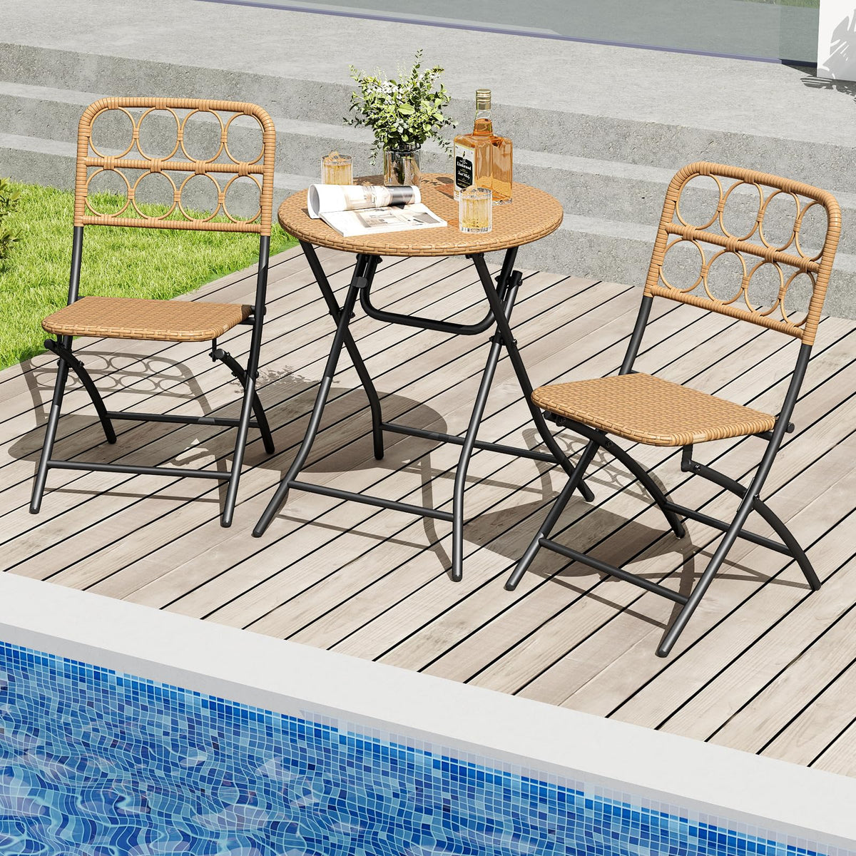 Tangkula 3 Piece Outdoor Folding Bistro Set, PE Rattan Portable Patio Round Dining Table and 2 Chairs with Sturdy Metal Frame for Porch, Garden, Backyard, Balcony