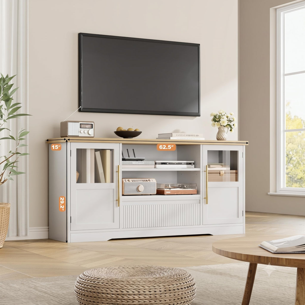 Garvee 63 in Farmhouse TV Stand for TVs Up to 72 in, Wave Pattern Entertainment Center with 2 Glass Door Cabinets & 2 Open Shelves, Sturdy Wood Media Console for Living Room, White & Natural