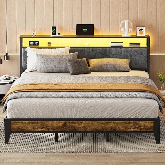 Metal Platform Bed Frame with LED Headboard & Charging Station