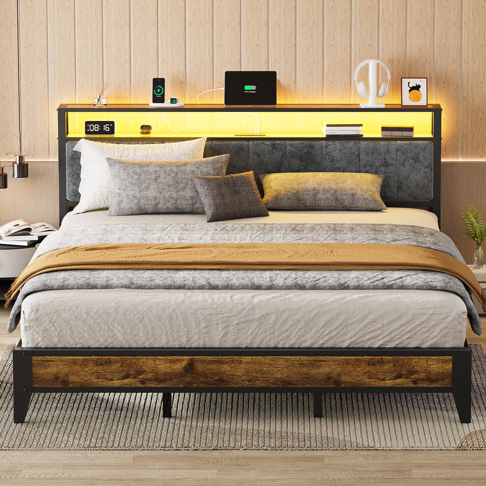 King Platform Bed Frame with LED Headboard & Charging Station