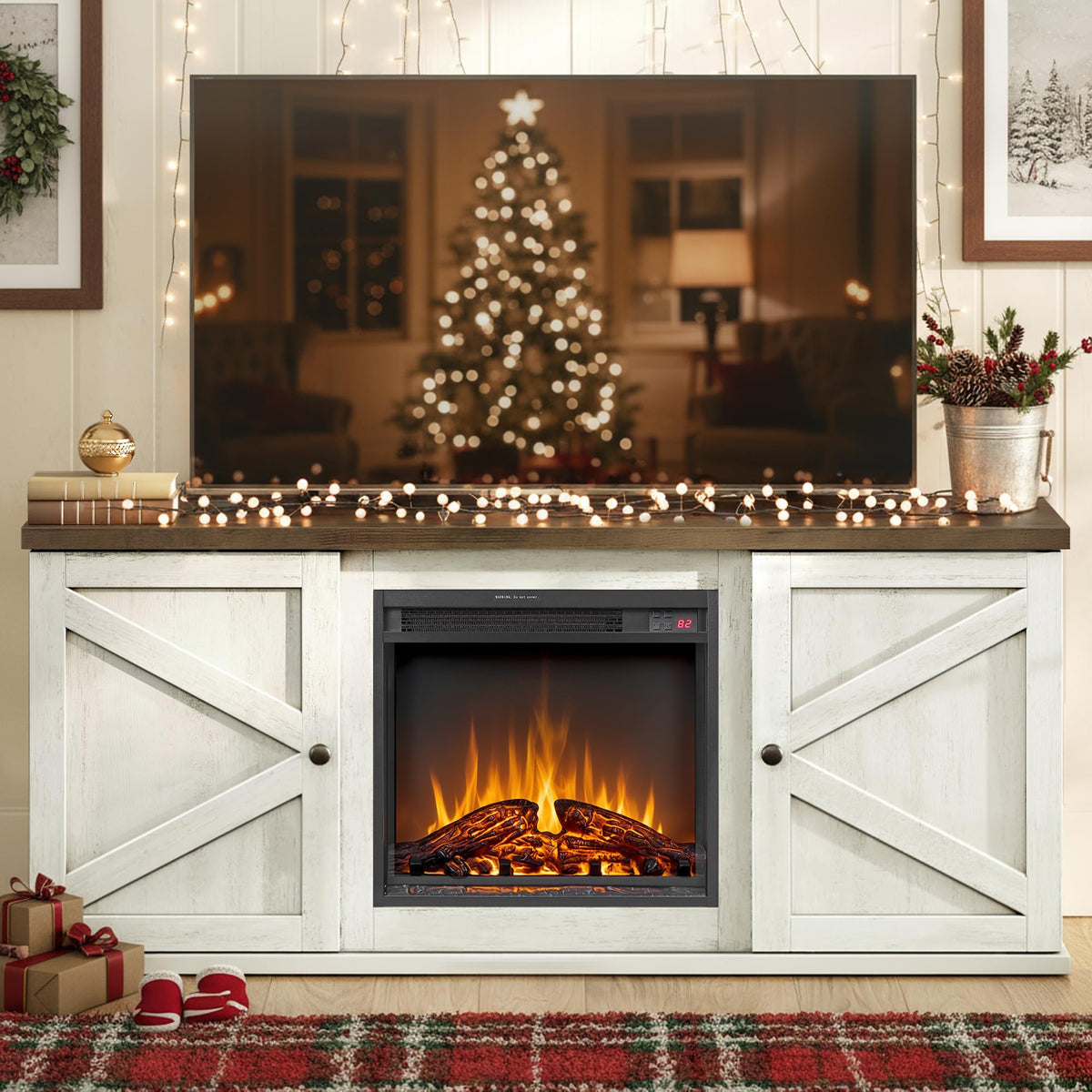 VASAGLE Fireplace TV Stand, Farmhouse Entertainment Center for 65'' TV