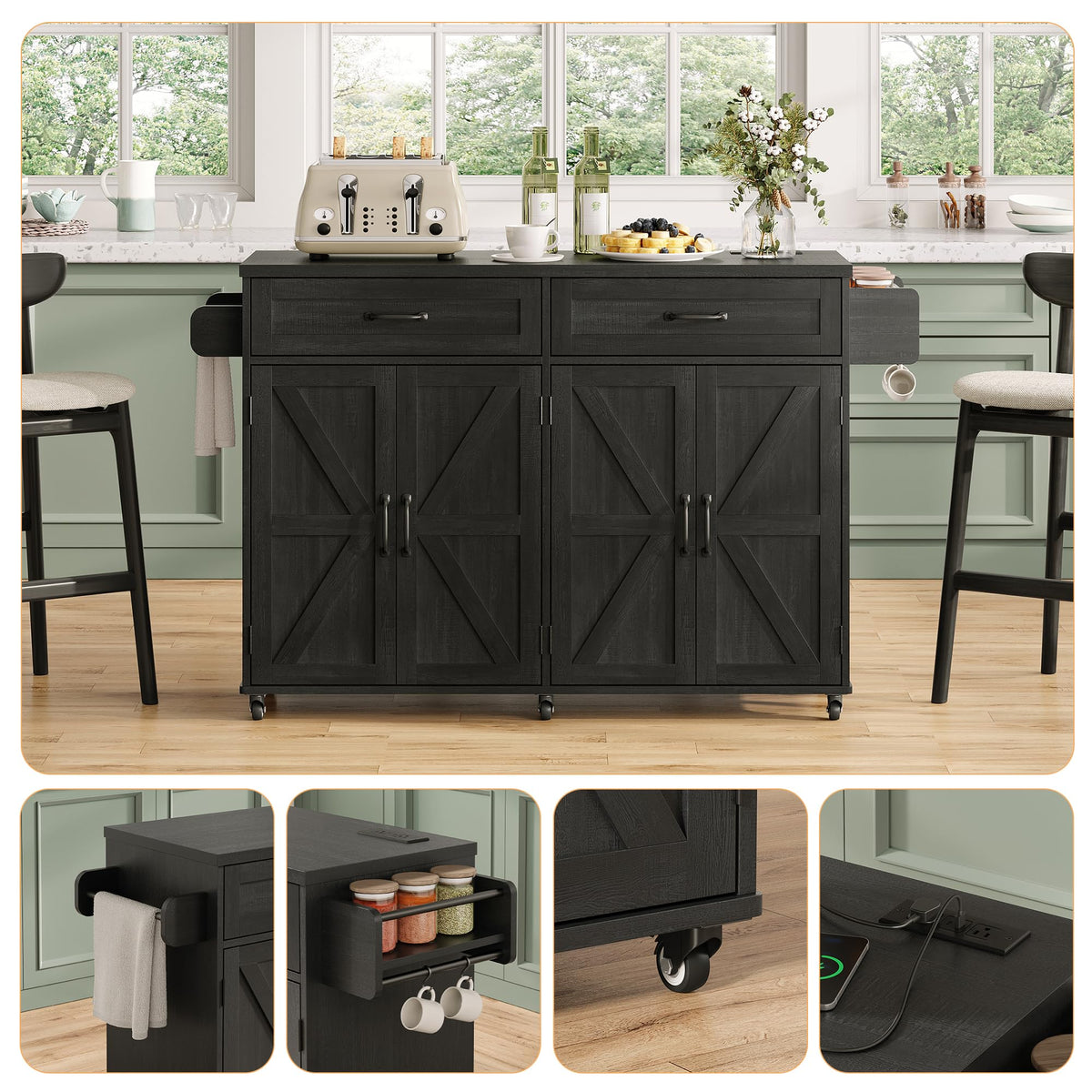Mobile Kitchen Island, Kitchen Island Cart with 2 Drawers and Charging Station, Island Table for Kitchen, Home Bar Carts with Storage, Kitchen Rolling Island with Spice Rack and Towel Rack,Black
