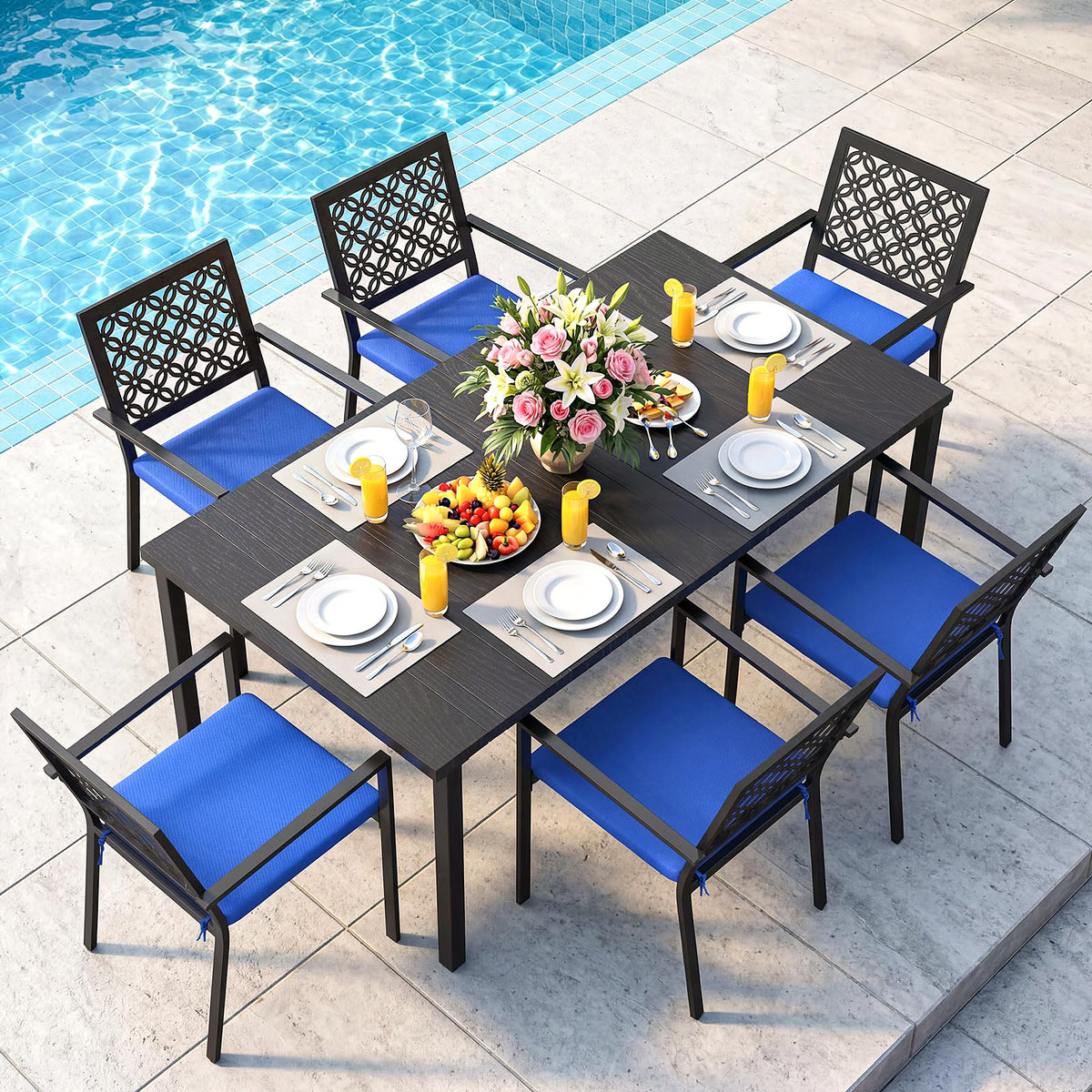 7 Piece Outdoor Dining Set with 6 Dining Chairs for Deck Garden Poolside