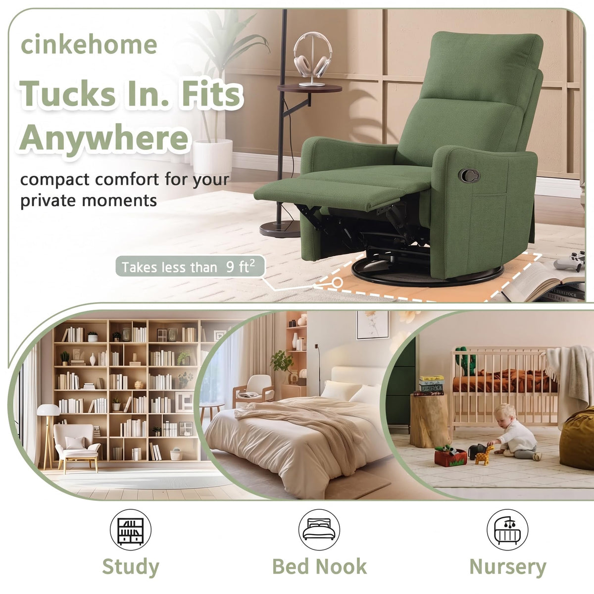 cinkehome Small Swivel Rocker Recliner, Manual Glider Chair for Nursery