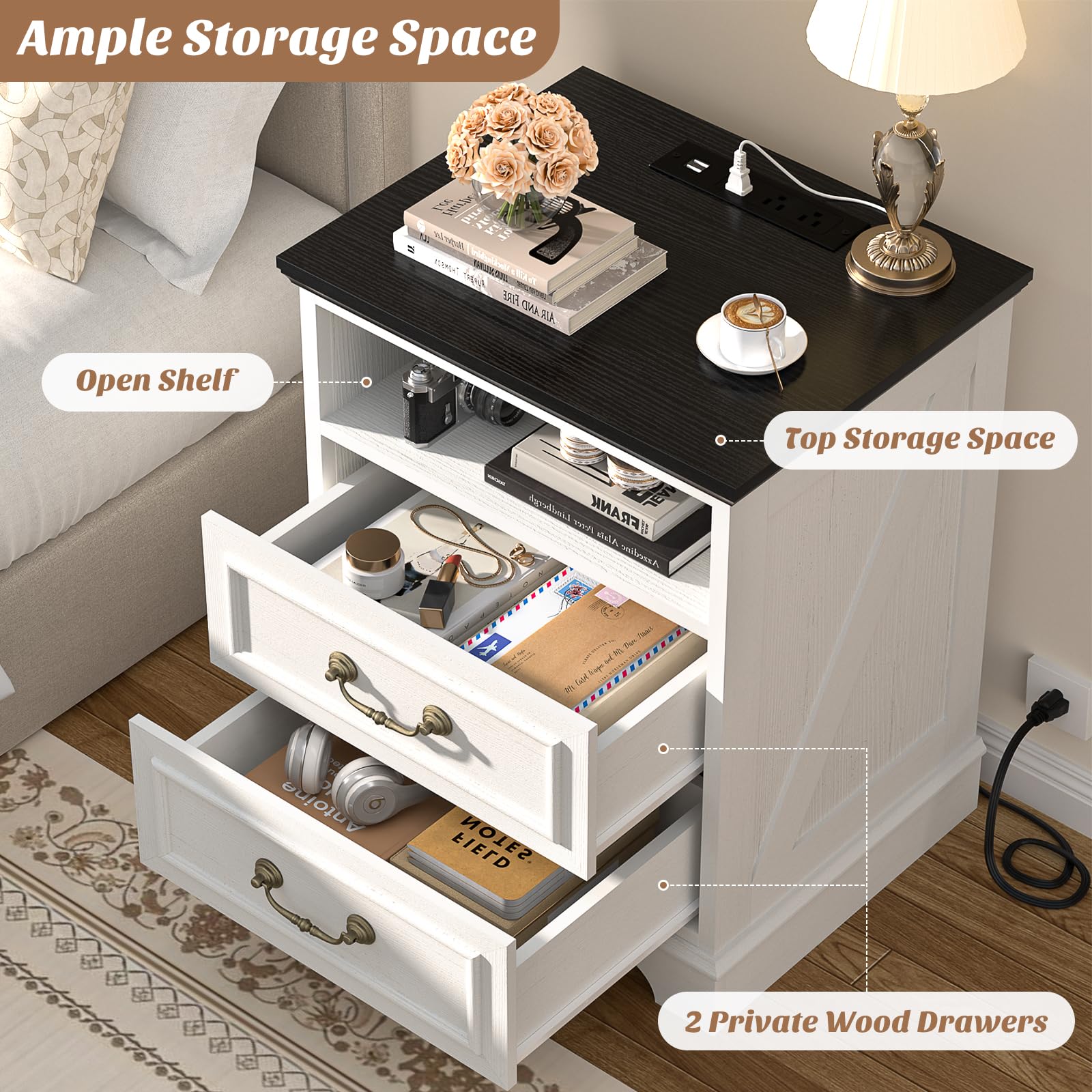 Unikito Farmhouse Nightstand with Charging Station, Bedside Table with 2 Large Drawers & Vintage Handles, Side Table with Open Storage for Bedroom (Antique White)