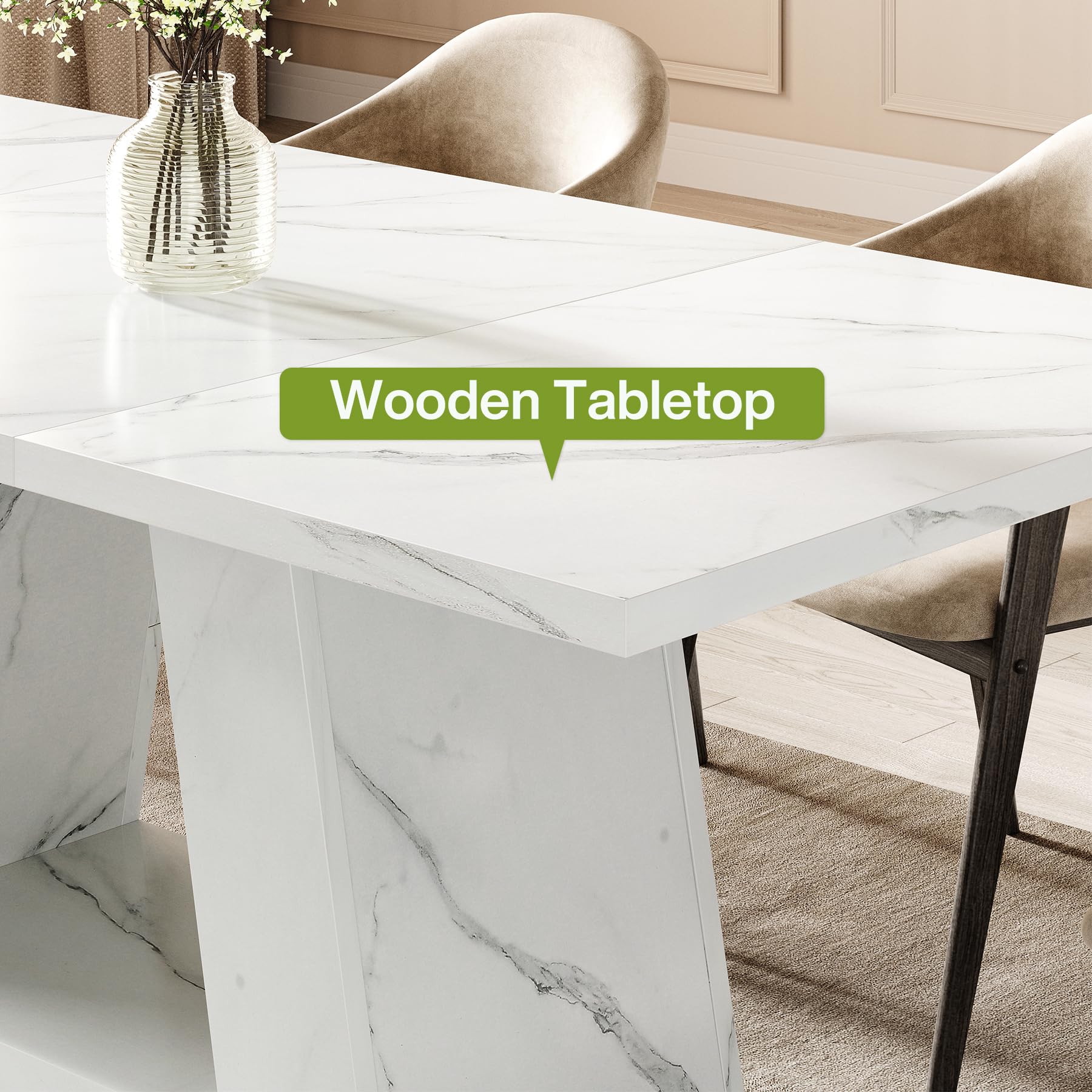 63" Rectangle Dining Table | Faux Marble Top | Triangle Pedestal Base