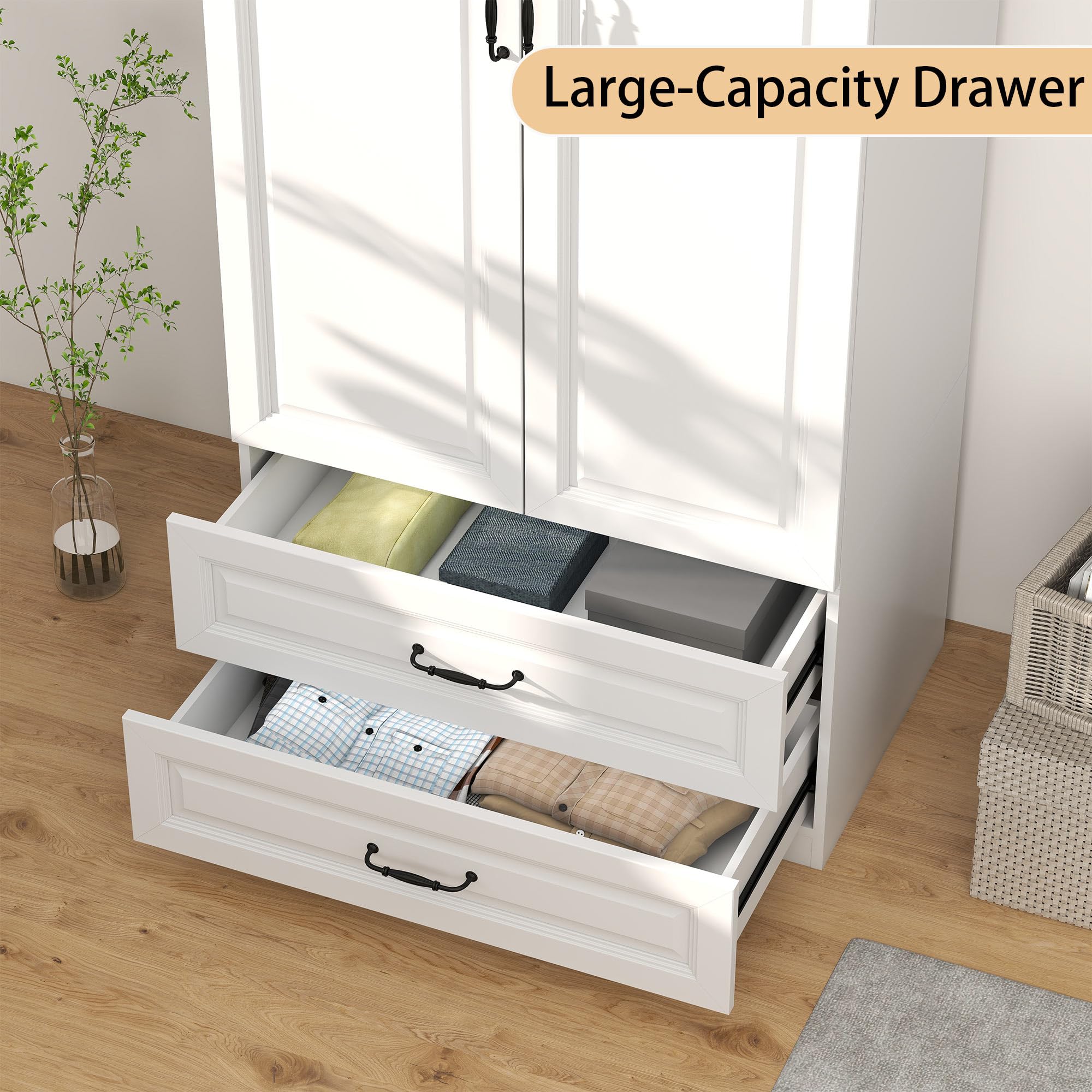 Vrmuxita Armoire Wardrobe Closet with Drawers: Bedroom Armoires with Hanging Rod, Wooden Closet Cabinet for Hanging Clothes, Tall Wardrobes Closets with Doors and Shelves (White, 32")