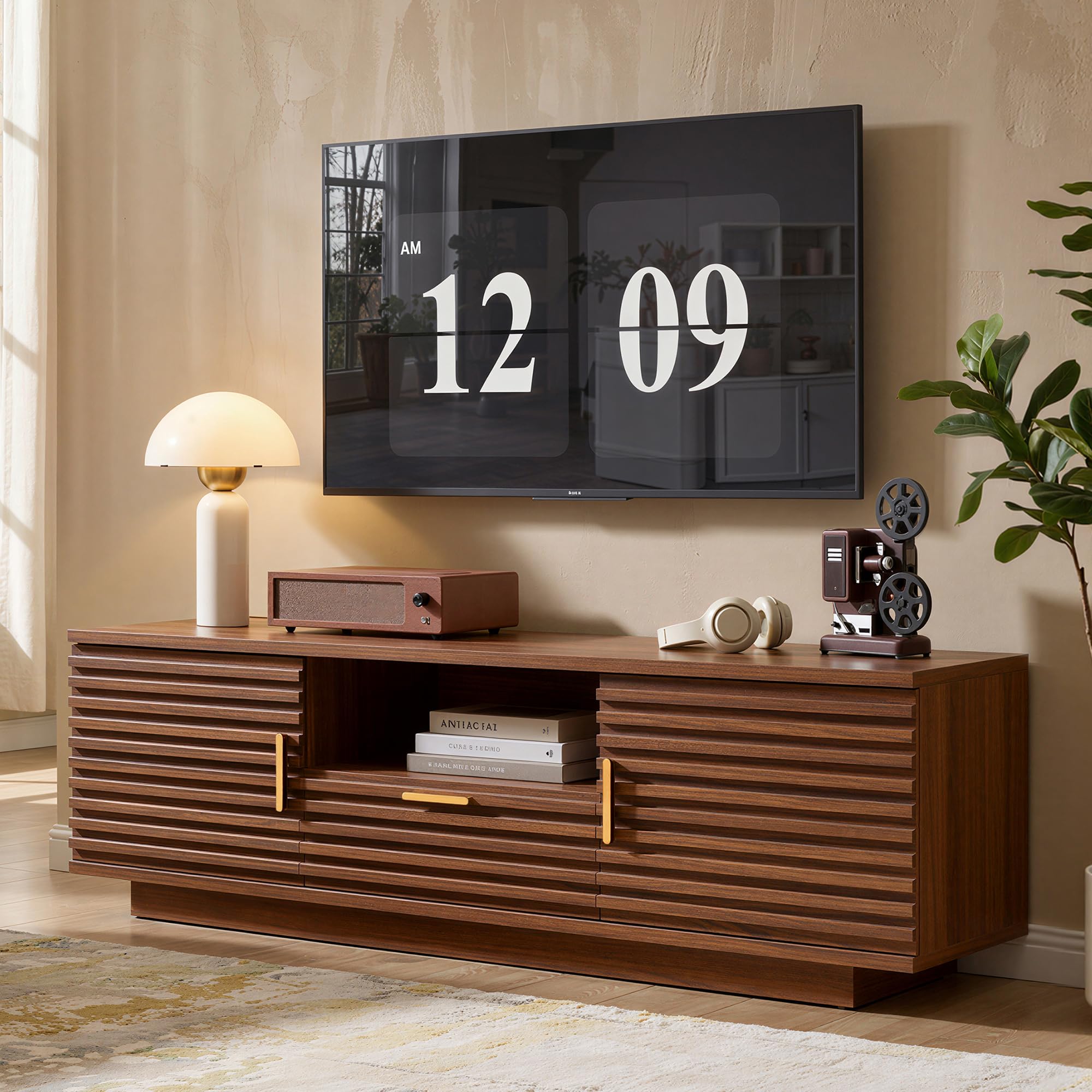 Mid-Century Modern Fluted TV Stand with Storage