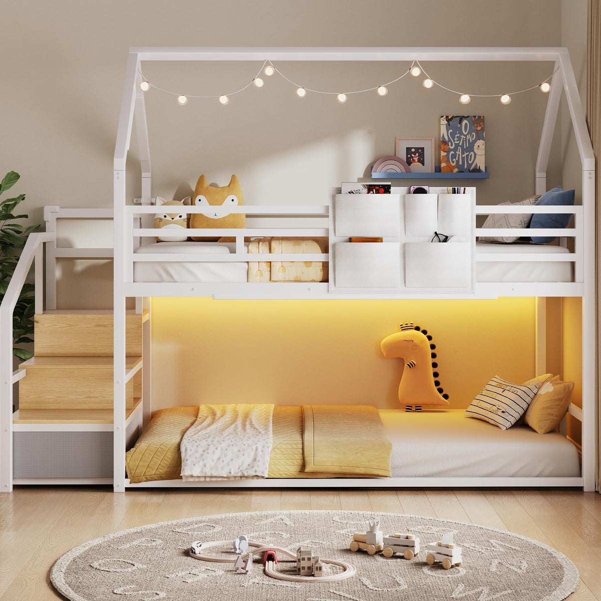 Jocoevol Metal Bunk Bed Twin Over Twin with Storage Staircase, Clothes Rack, LED Twin Bunk Beds for Kids with 2 Storage Drawers, Full-Length Guardrail, No Box Spring Needed, Easy Assembly, White