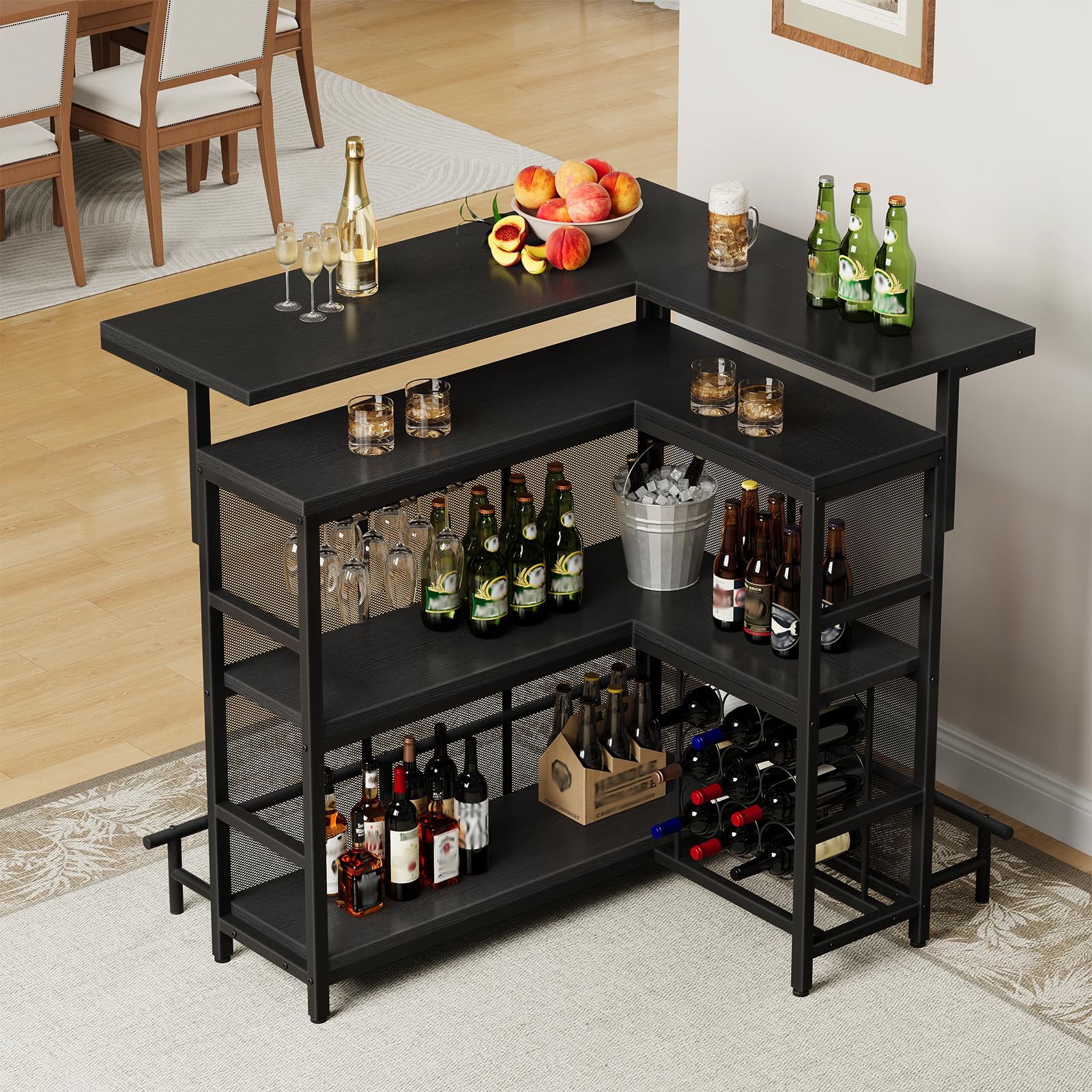 HOOBRO Home Bar Unit, L-Shaped Bar Table with Glasses Holder, and 4-Tier Shelves, Corner Mini Coffee Liquor Cabinet with Footrest,with LED Light APP Control for Home, Kitchen, Pub, Black BK129DBT01