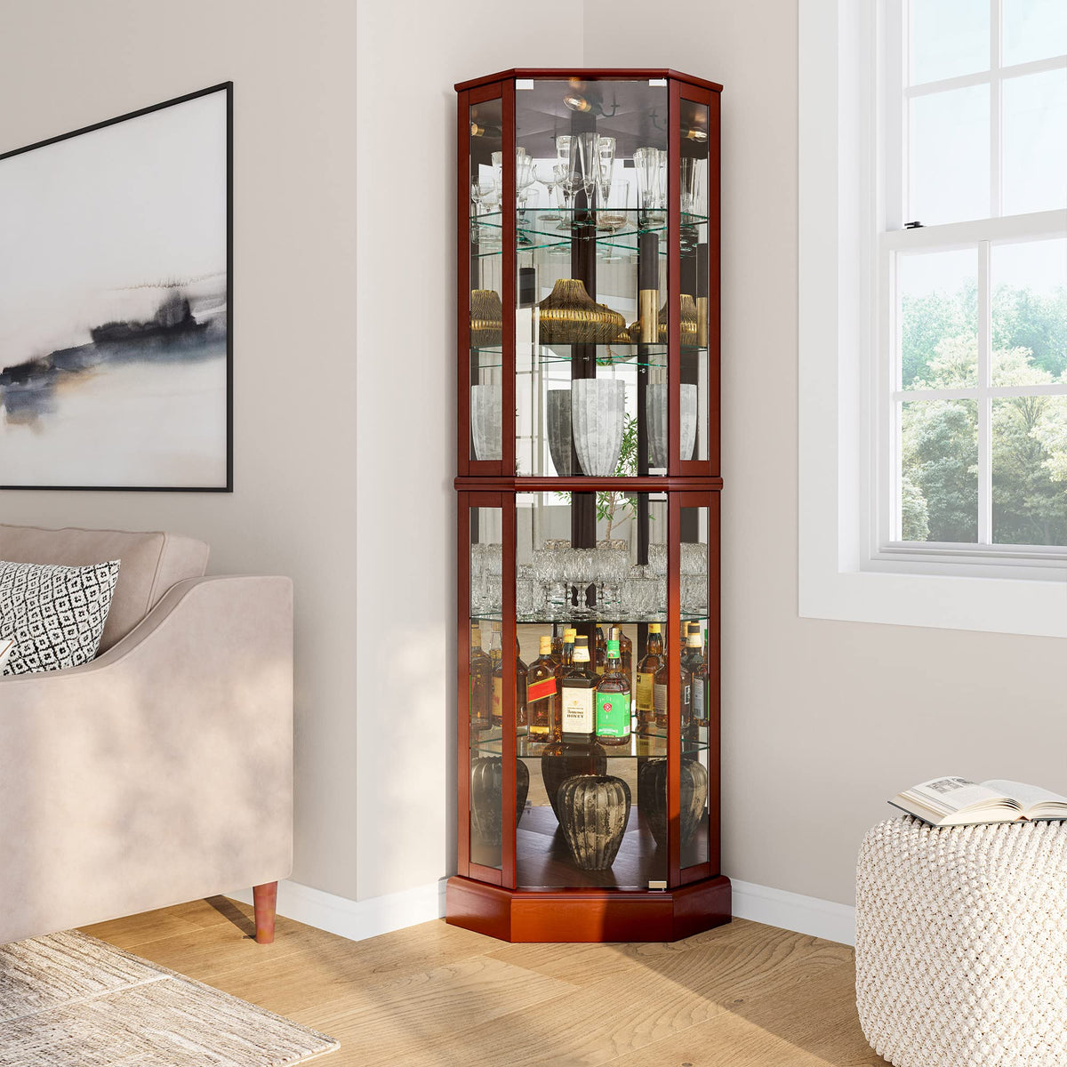 BELLEZE Ashfield Glass Dispaly Cabinet with Light Bulb - Walnut