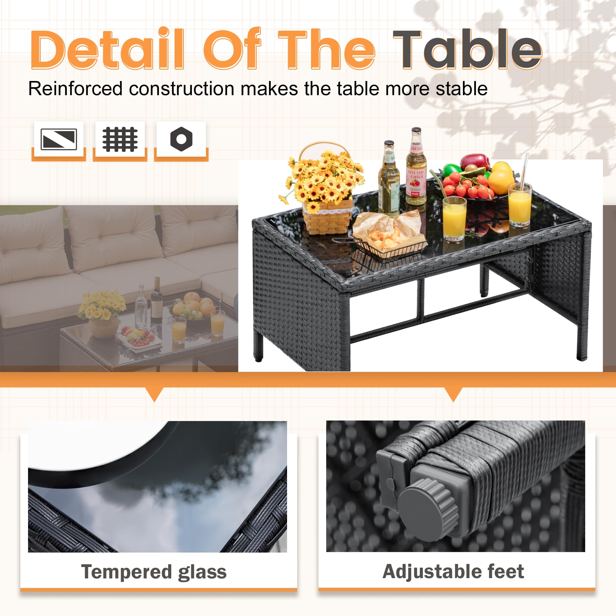 3-Piece L-Shaped Outdoor Sectional Sofa with Glass Table