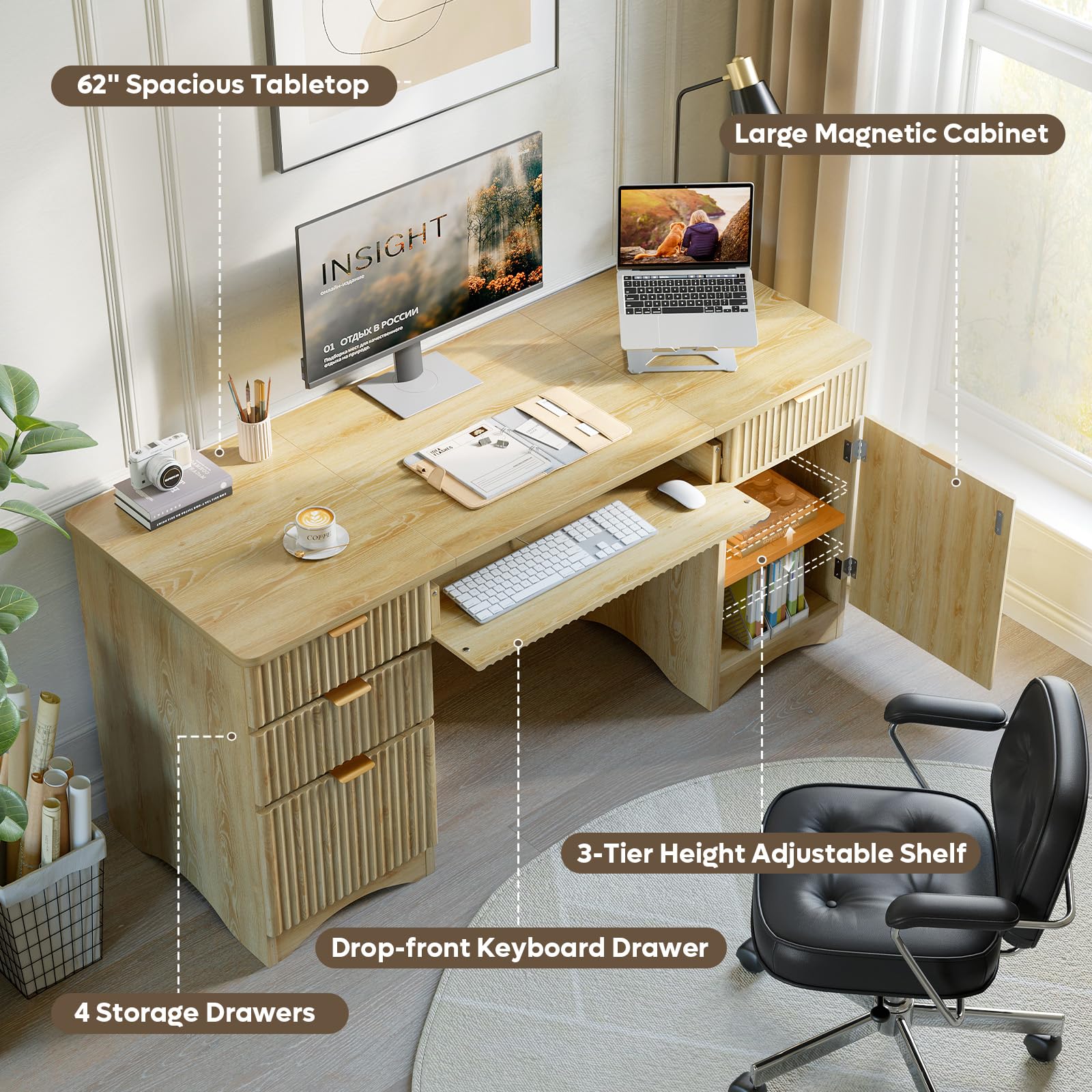 63" Fluted Executive Desk with Drawers & Storage Cabinet