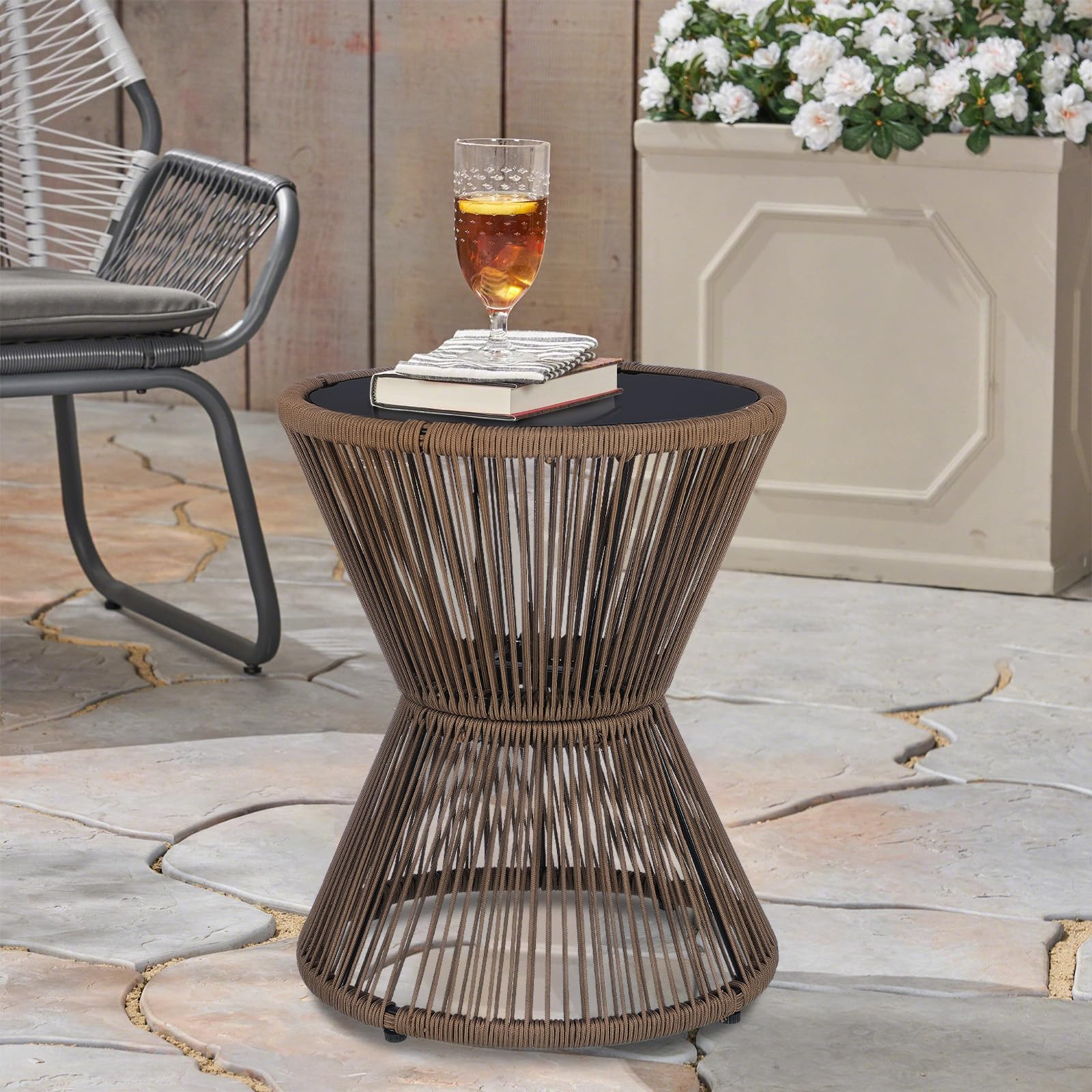 Woven Rope Round Side Table with Glass Top