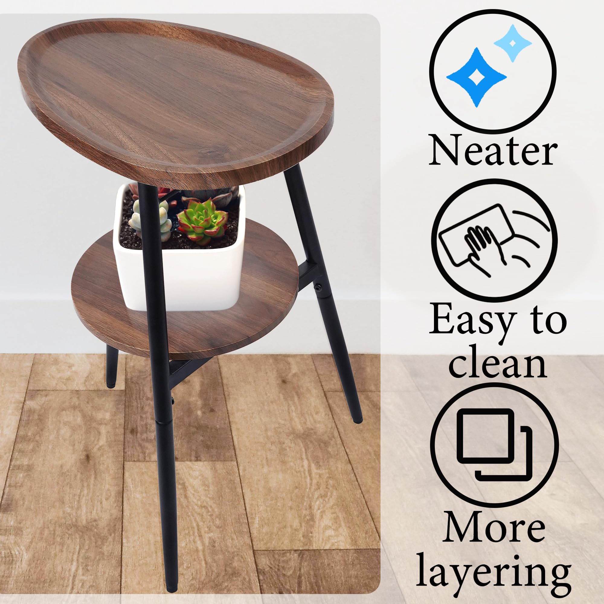 GUPZTY Side Table Small End Table, Oval Round Wood Sofa Table, 2 Tier Accent Table Nightstand Bedside Table with Metal Frame for Living Room, Bedroom, Small Spaces (Rustic Brown)