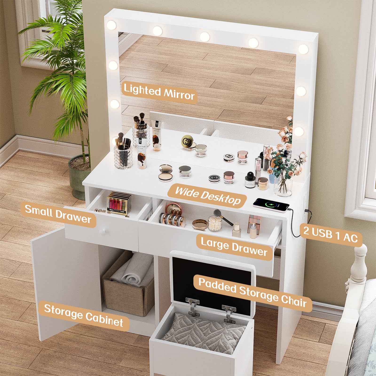 Haewon Vanity Desk with Mirror, 11 LED Lights and Power Outlet, Makeup Vanity Set with Storage Cabinet, Drawers and Chair, White Dressing Table with 3 Adjustable Light Modes for Bedroom