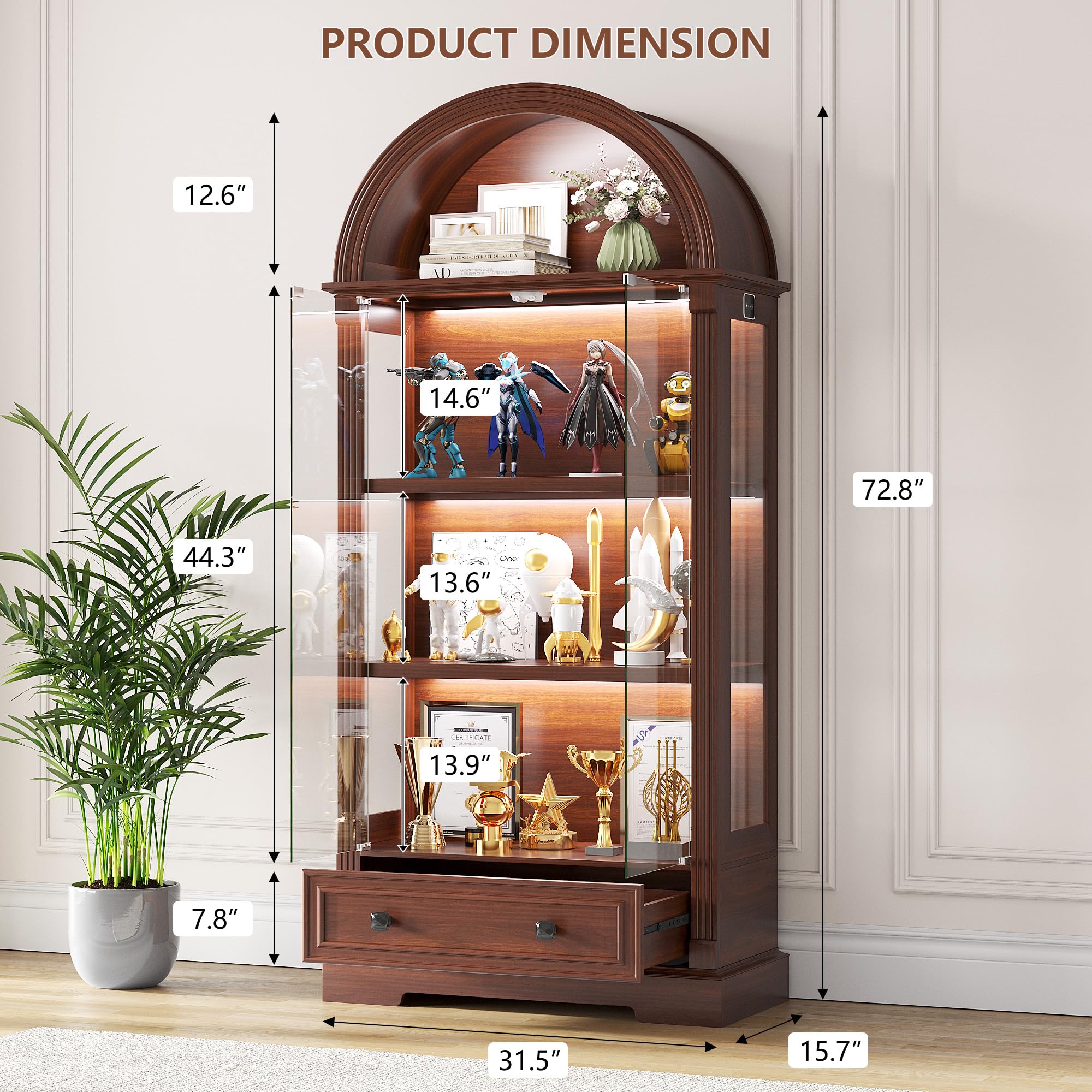 Arched Glass Display Cabinet with LED Sensor Lights, 4-Tier