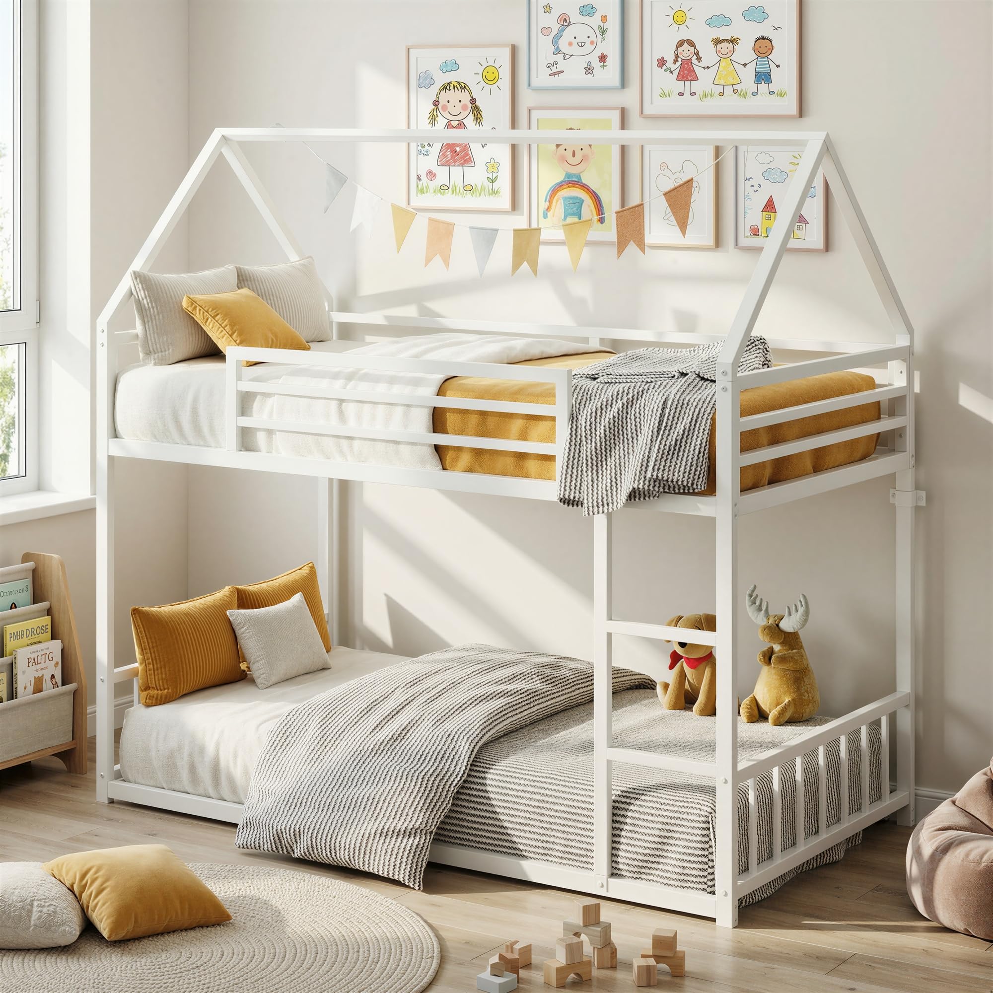 Twin Over Twin House Bunk Bed with Ladder & Guardrail