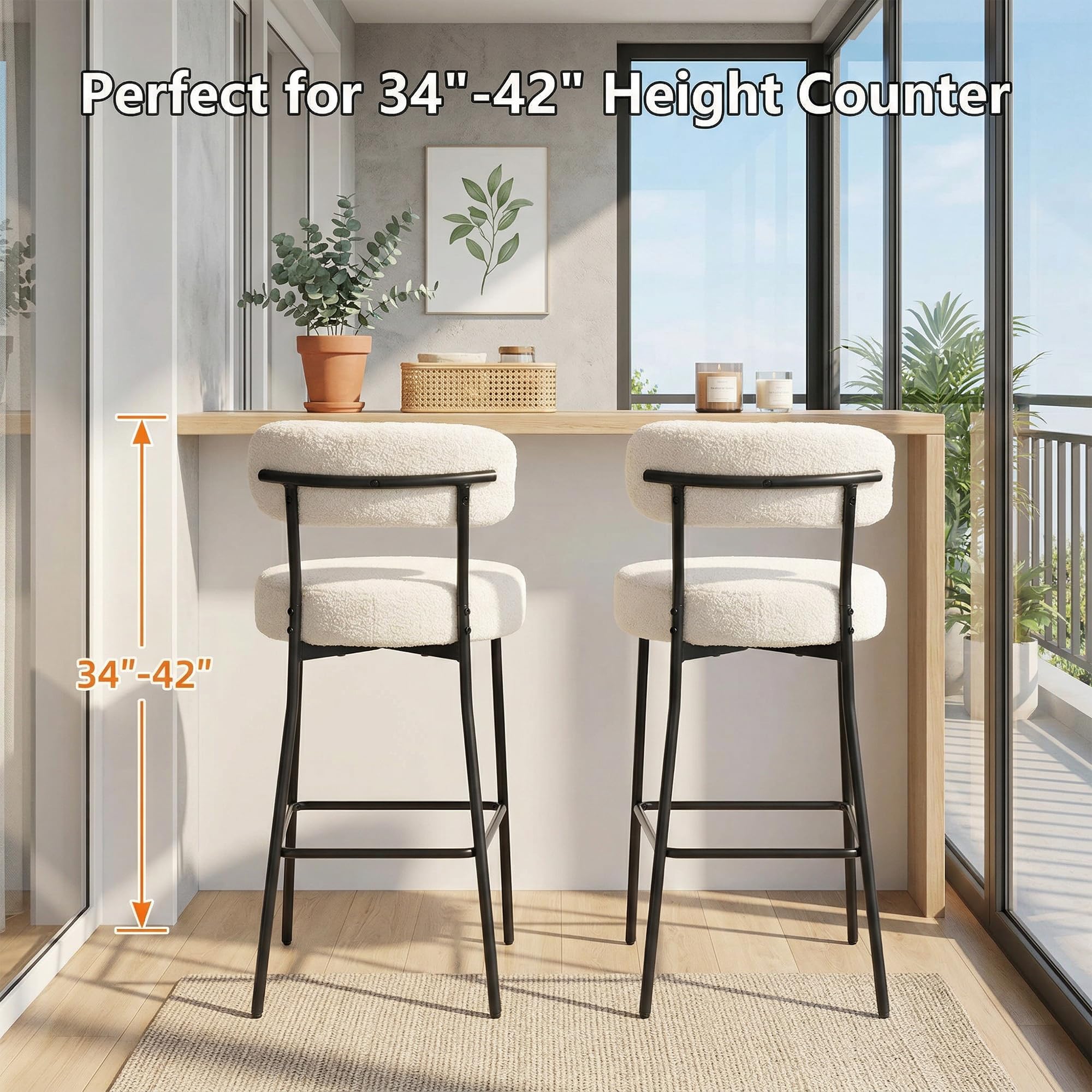 Boucle Counter Height Bar Stools with Back, Set of 2