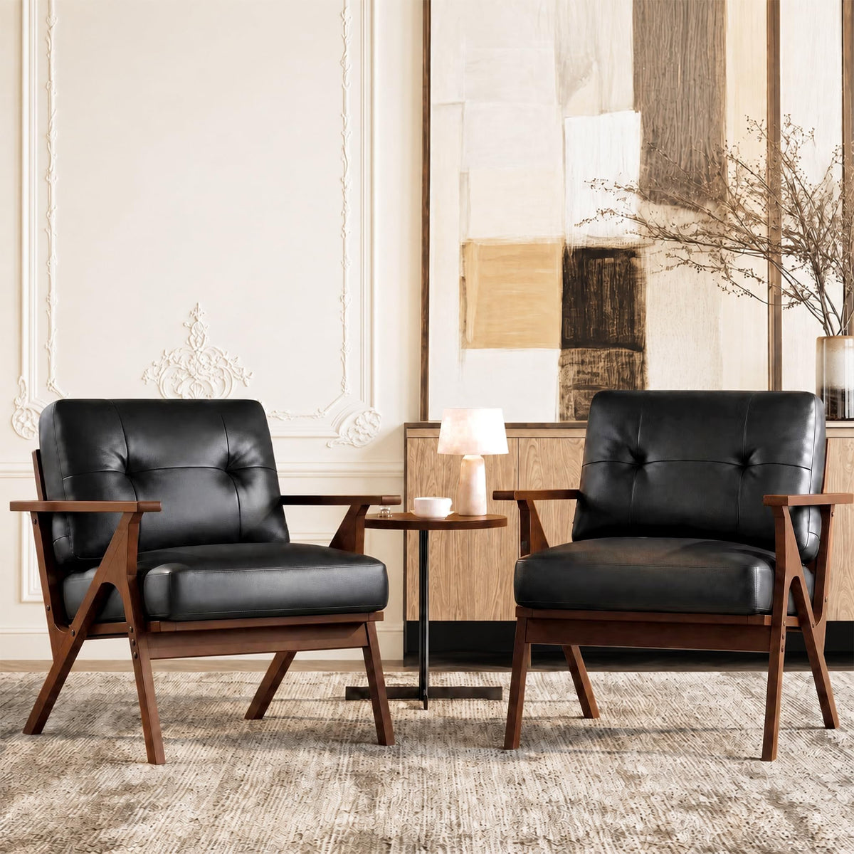STHOUYN Black Faux Leather Accent Chairs Set of 2 for Office Living Room