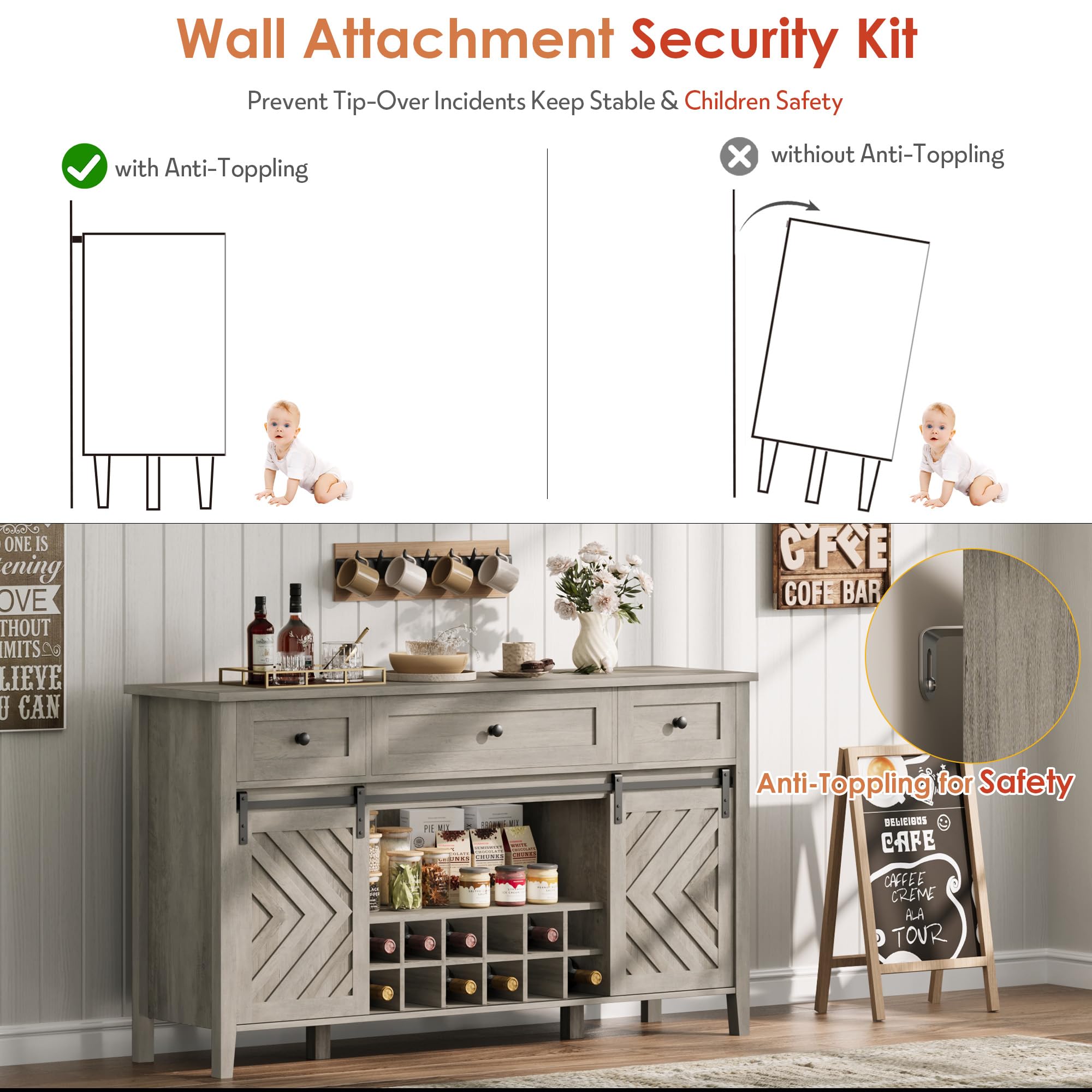 CABIHOME Farmhouse 47.2'' Buffet Cabinet with Sliding Barn Door, 33.4'' Tall Wood Rustic Sideboard with 3 Drawer, Adjustable Shelf and Removable Wine Rack (Vintage, 59'')