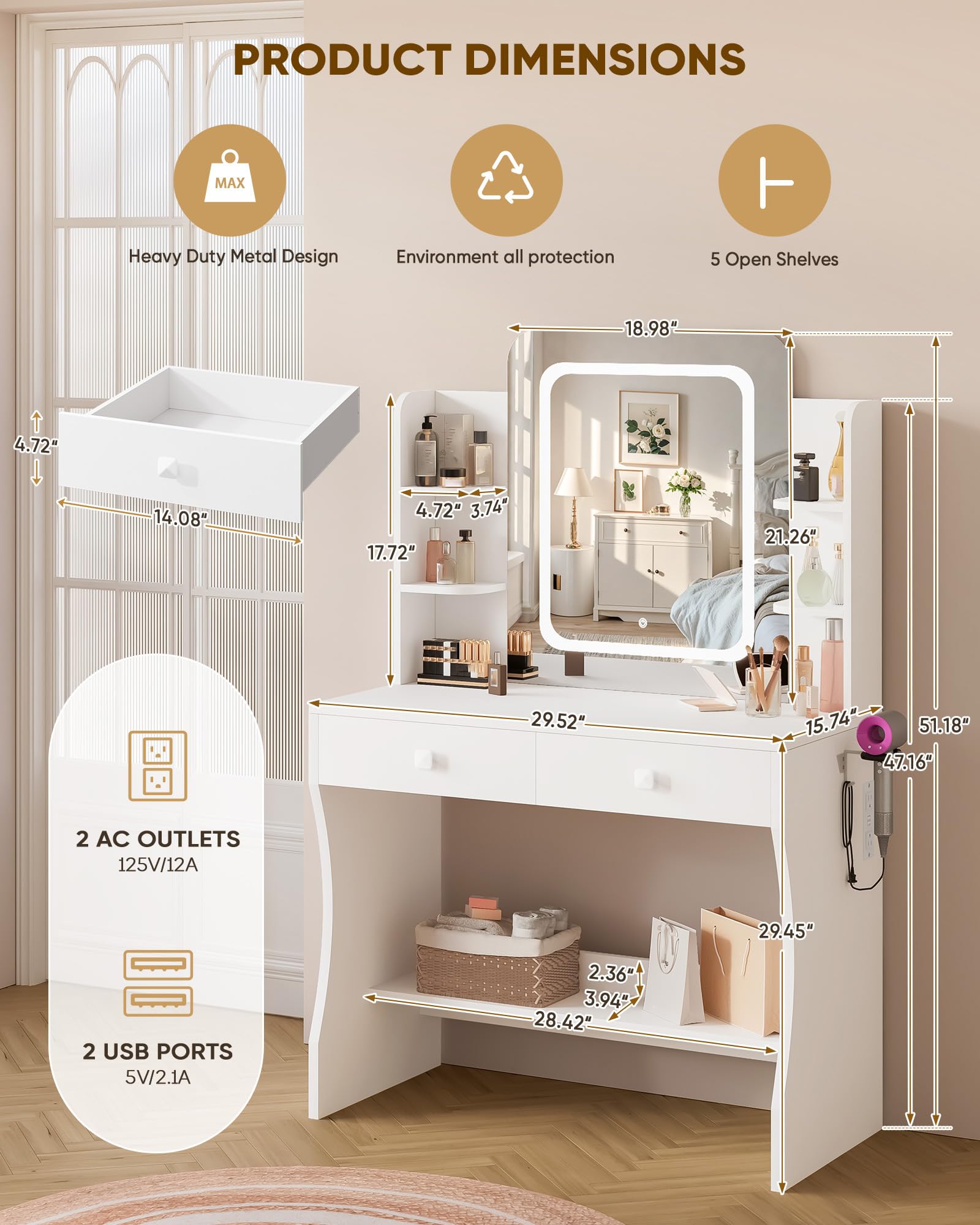 LIVELYGLOW Small Makeup Vanity Desk with Smart LED Mirror & Power Outlet, 29.5" White Vanity Table with Hairdryer Rack, 5 Storage Shelves & 2 Drawers, Compact Dressing Table for Small Spaces