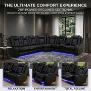 Power Reclining Leather Sectional Sofa Set for Living Room, 6-Seater Black Curved Couch with LED Lights, Cup Holders & Storage Console, Home Theater Seating