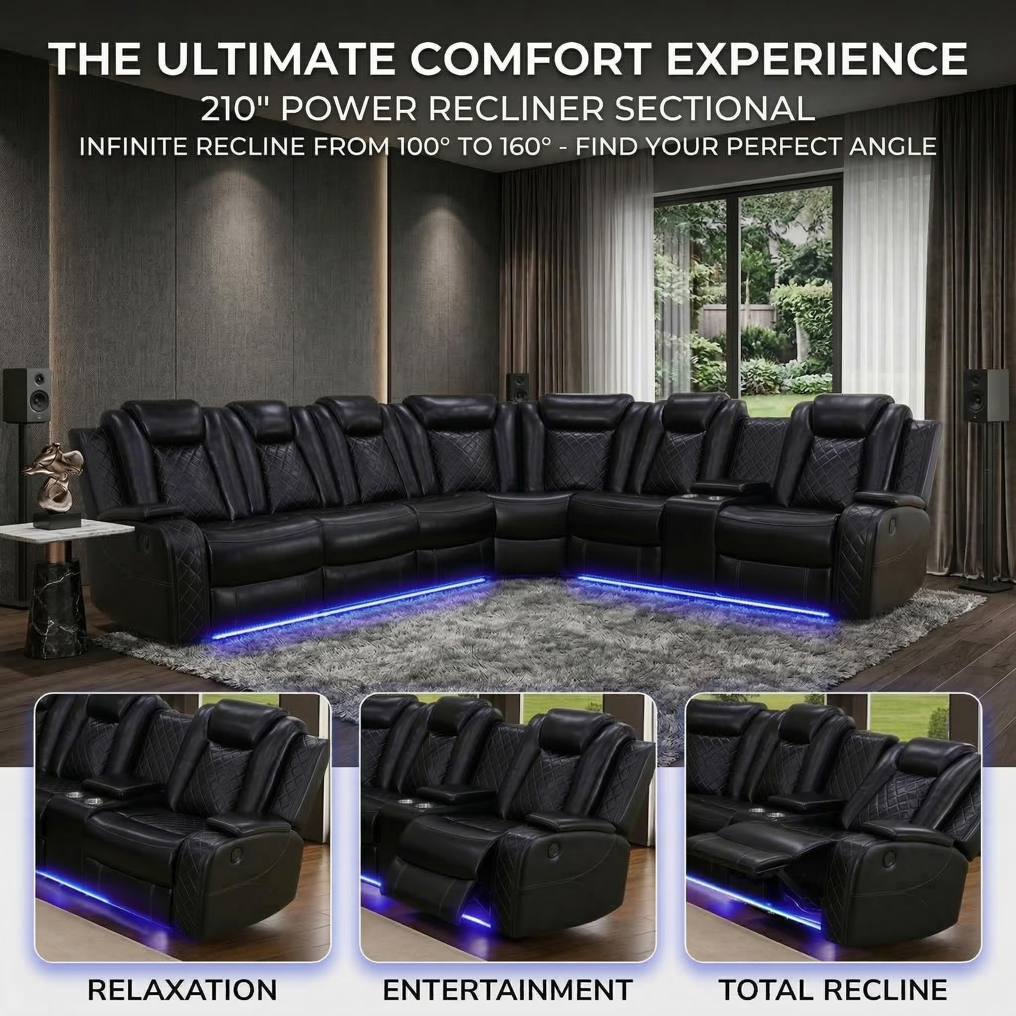Power Reclining Leather Sectional Sofa Set for Living Room, 6-Seater Black Curved Couch with LED Lights, Cup Holders & Storage Console, Home Theater Seating