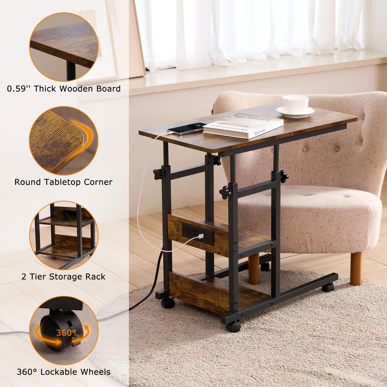 Armocity C Shaped End Table Height Adjustable - Couch Side Table with Charging Station, TV Tray with Wheels Slide Under Sofa for Small Spaces, Living Room Bedroom, Rustic Brown