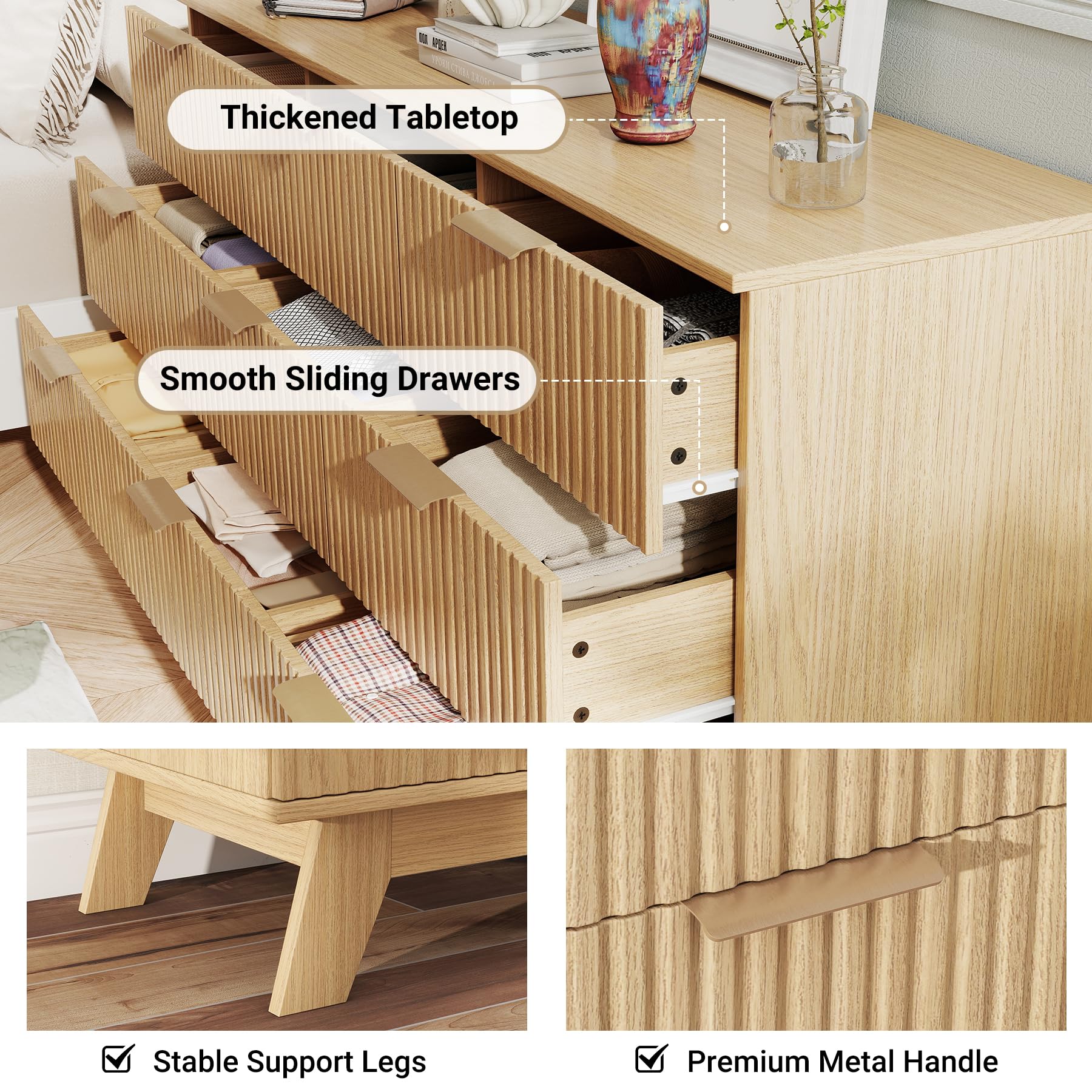 Nebuaegis Fluted 9 Drawer Dresser for Bedroom,57" Wide Modern Chest of Drawers with Metal Handles,Heavy Duty Wood TV Stand,Wood Closet Clothes Storage Organizer for Living Room,Hallway,Entryway