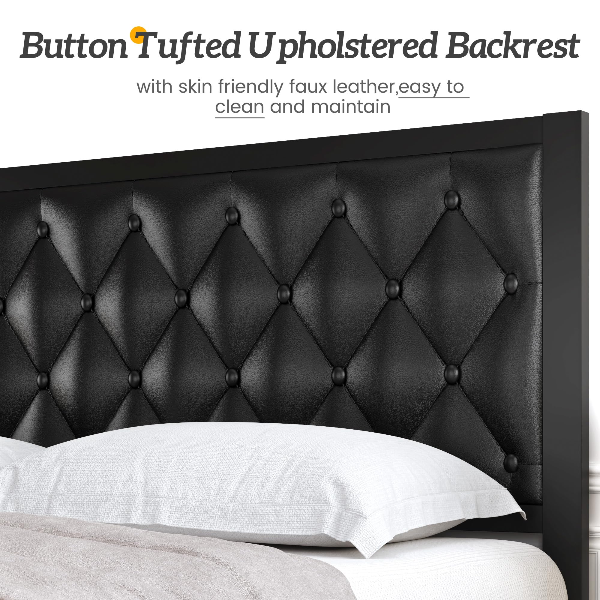 HISOFT Queen Bed Frame with Upholstered Button Tufted Headboard, Bed Frame Platform Metal Slats Support, Under Bed Storage, No Box Spring Needed, Noise-Free, Easy Assembly, Black