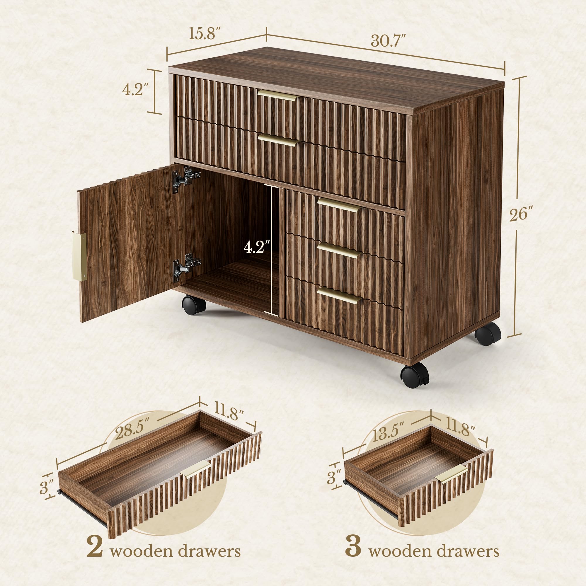 Fluted Mobile File Cabinet with 5 Drawers