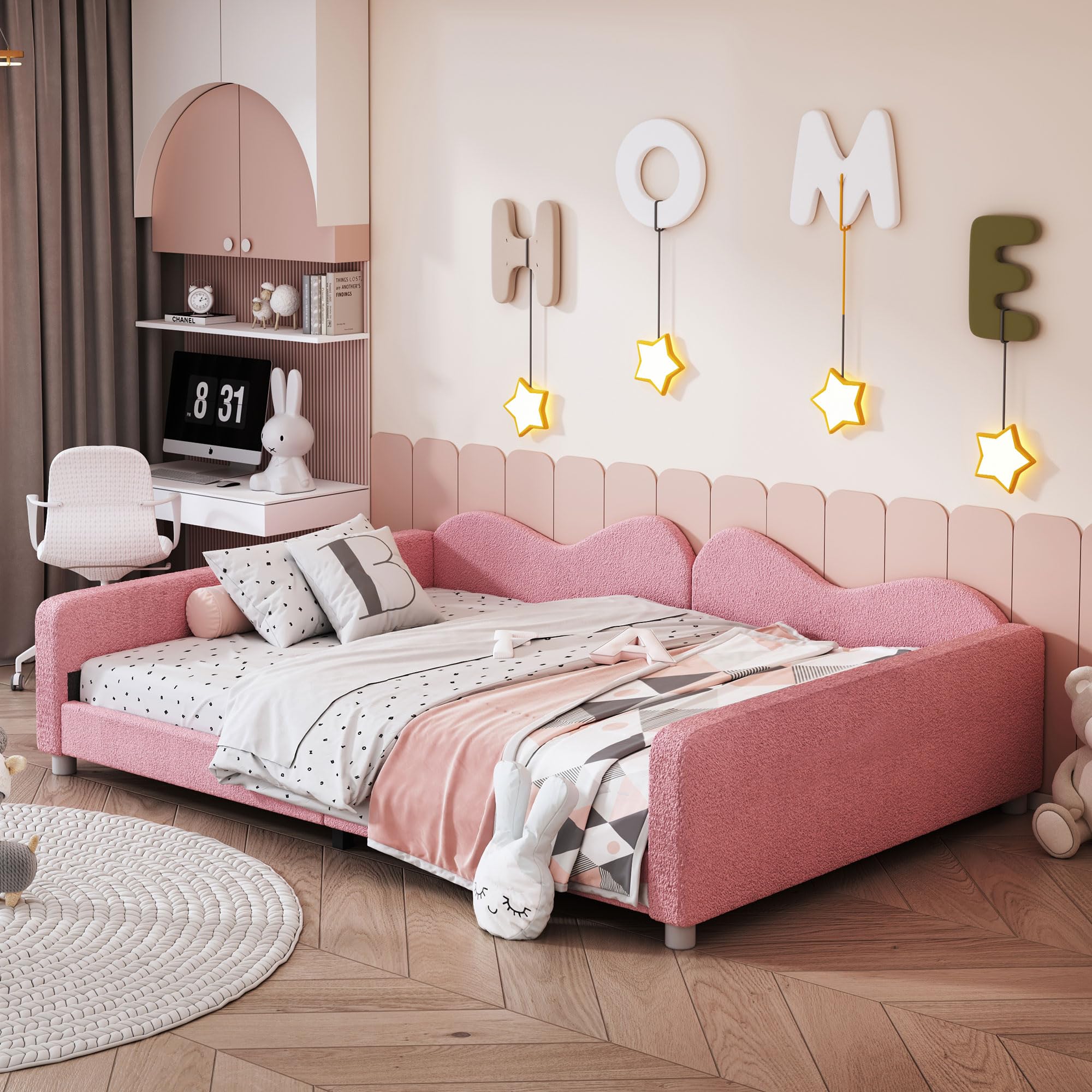 Harper & Bright Designs Full Size Upholstered Daybed, Sherpa Fabric Sofabed with Cloud-Shaped Backrest, No Box-Spring Needed, Pink