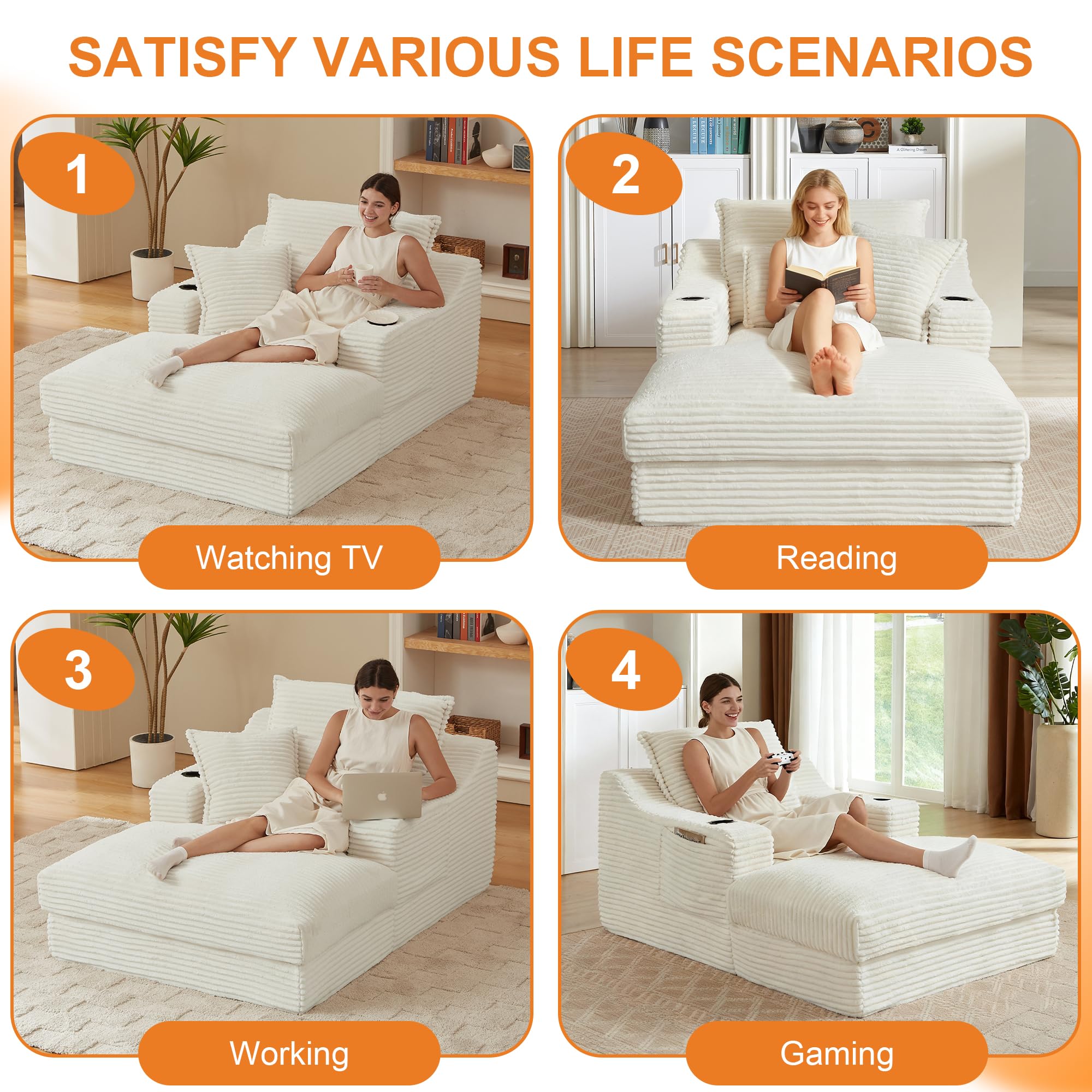 Oversized Chaise Lounge Chair Indoor, 67'' Upholstered Sleeper Sofa Bed with Cup Holders & 3 Pillows, Deep Seat Corduroy Boneless Cloud Sofa Couch for Living Room, No Assembly Reading Chair, White