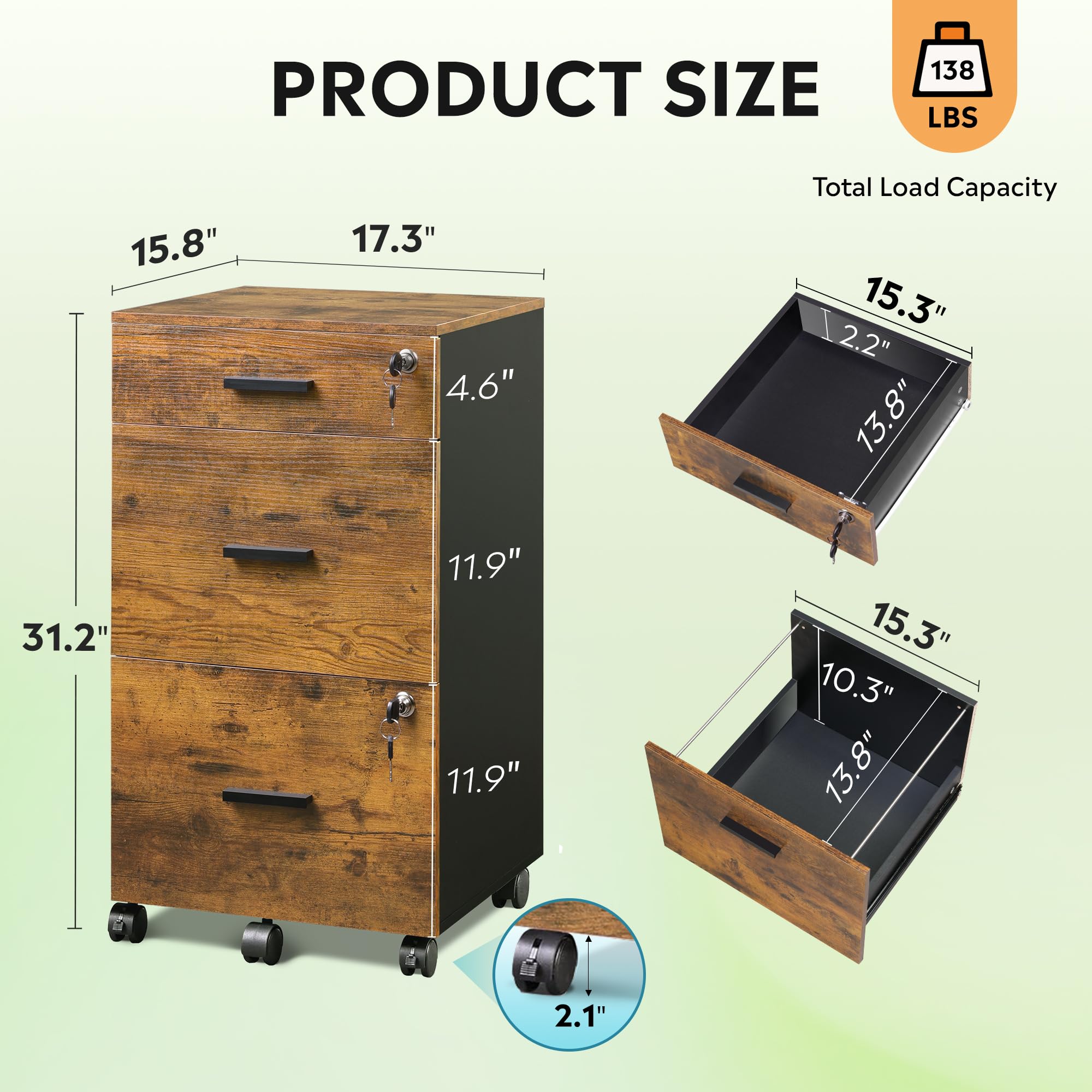 3-Drawer Rolling File Cabinet with Lock