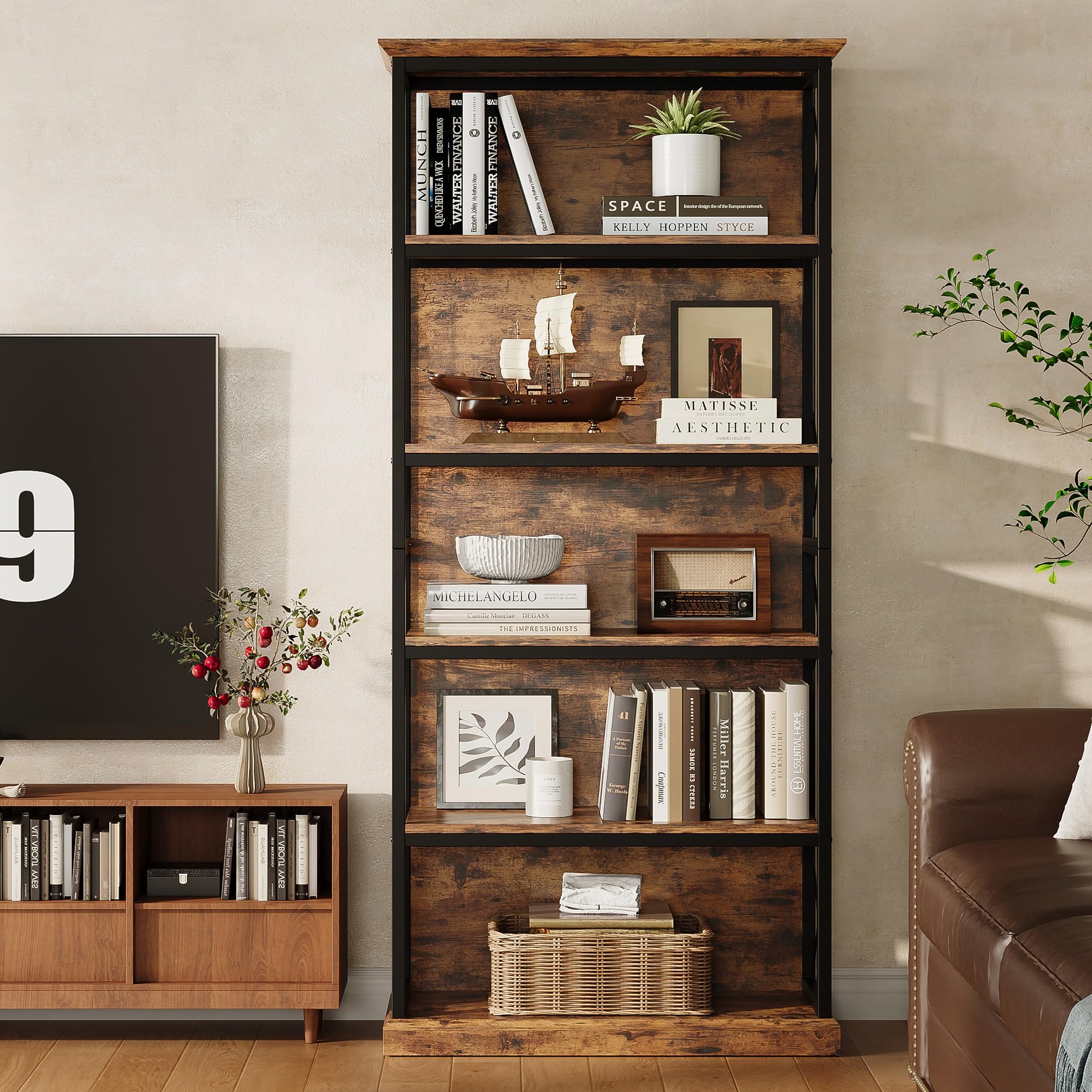 IRONCK 71 Inch Industrial Bookshelf, 5 Tier Tall Bookshelf and Bookcase to Display and Collect, Thicken Wood Rustic Book Shelf with Thicken Metal Frame for Living Room and Bedroom, Rustic Brown