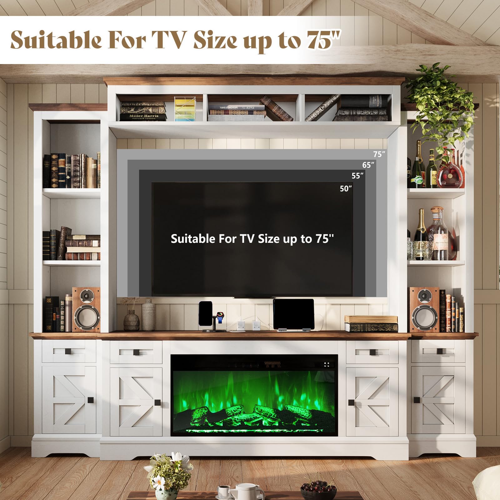 98" Farmhouse Entertainment Center with Electric Fireplace