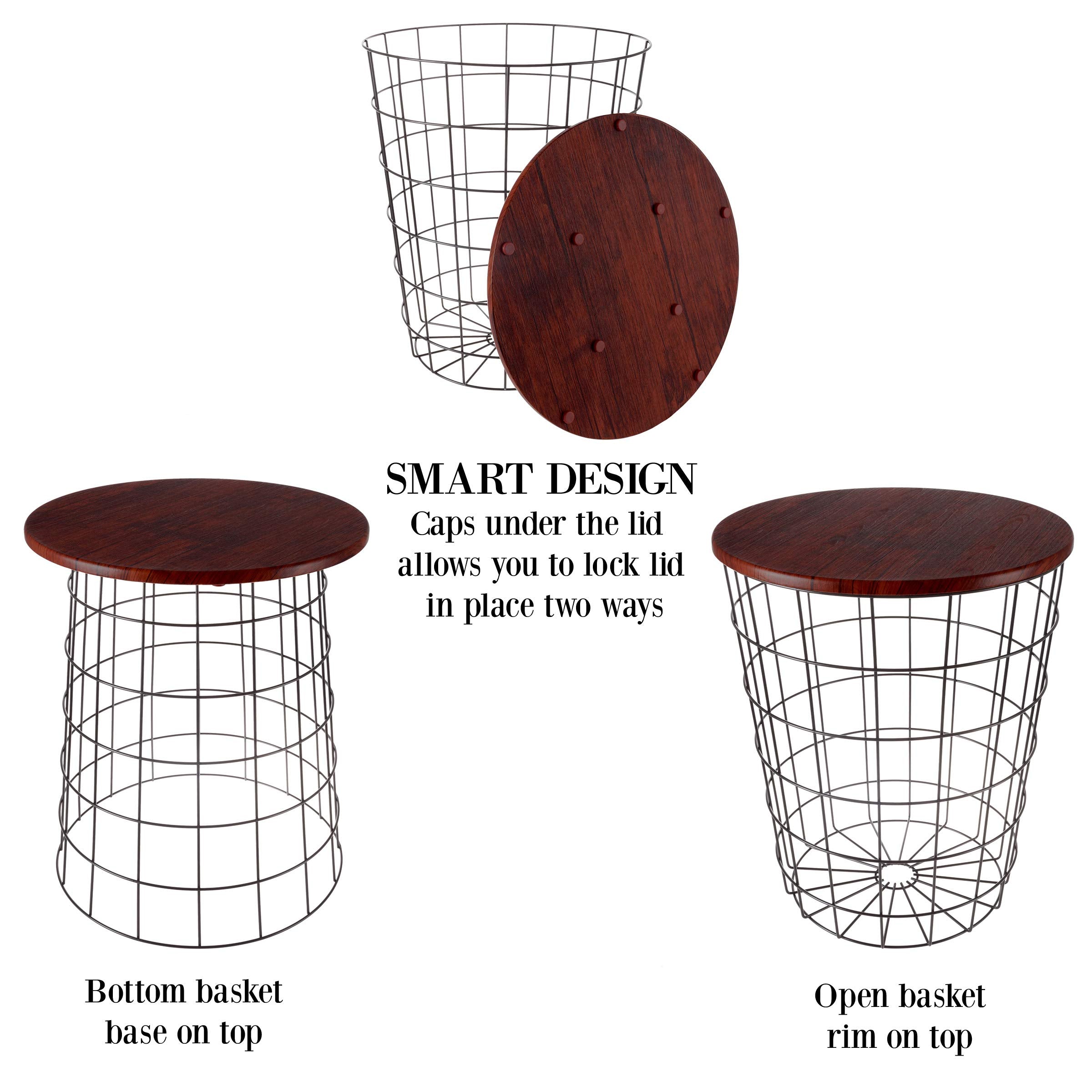 Nesting Side Tables Set of 2 with Wood Tops & Wire Baskets