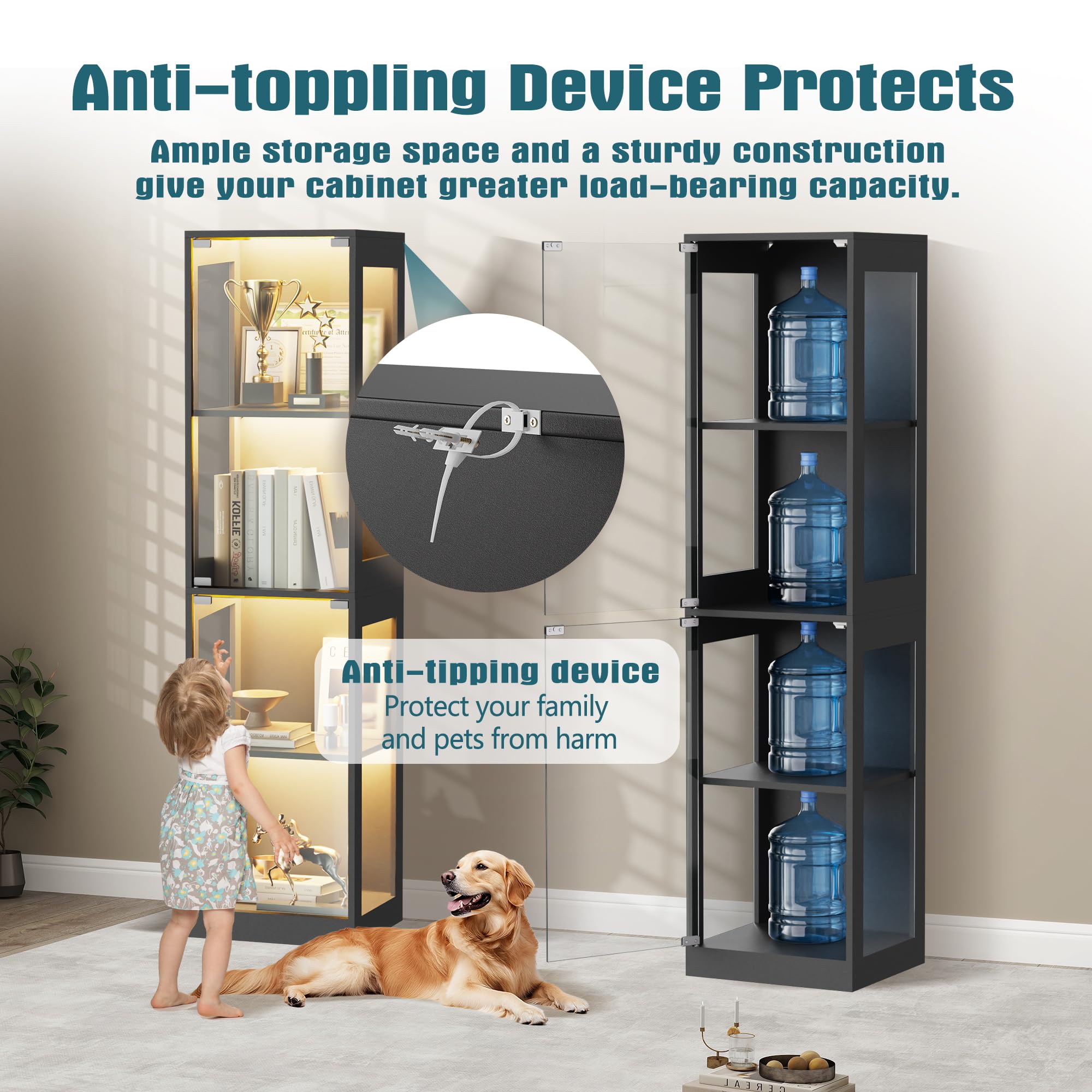 4-Tier Glass Display Cabinet with RGB LED Lights, Pop-Up Doors & Anti-Tip Device