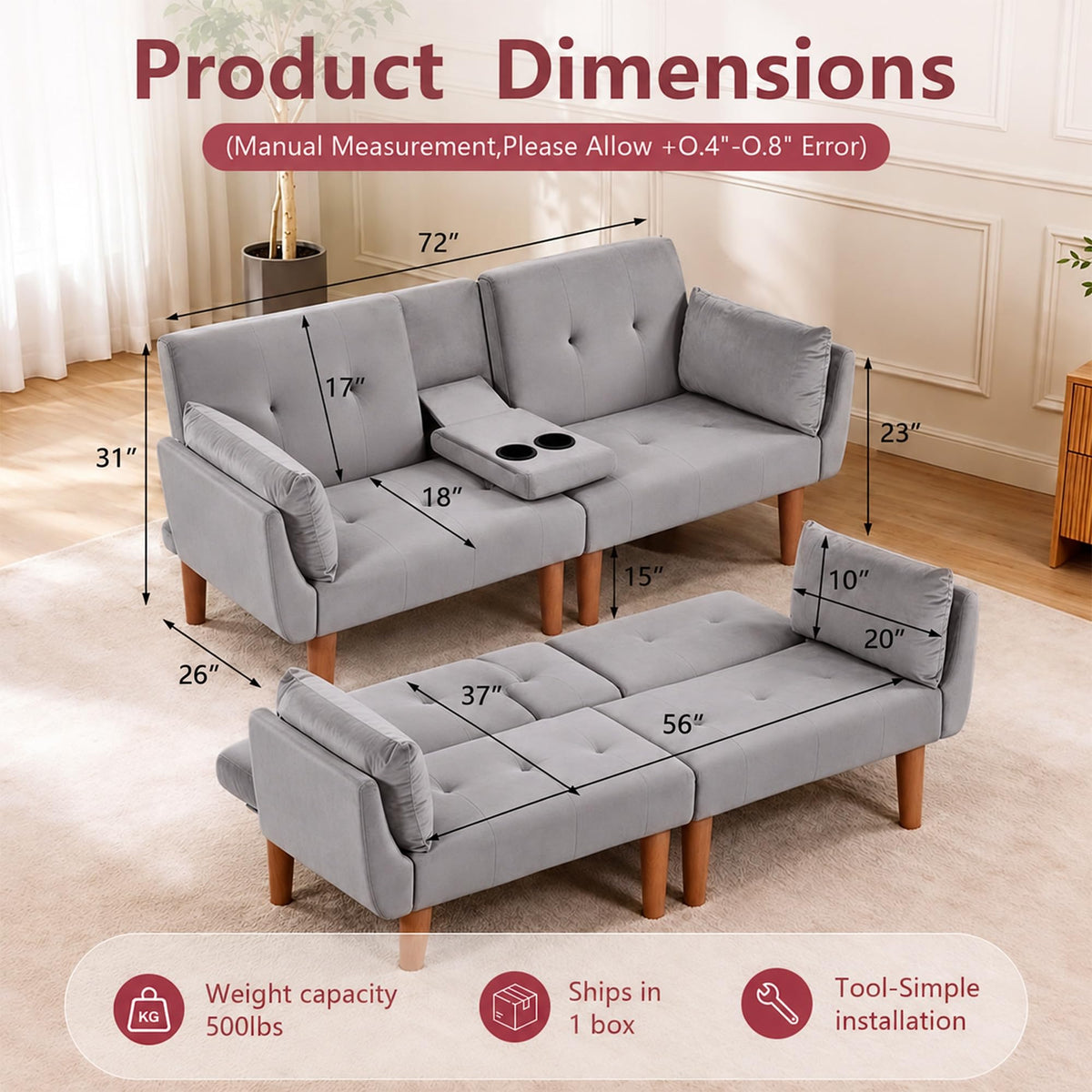 Modern 72 In Velvet Sofa Bed Futon, Tufted Recliner Loveseat Design (Gray)