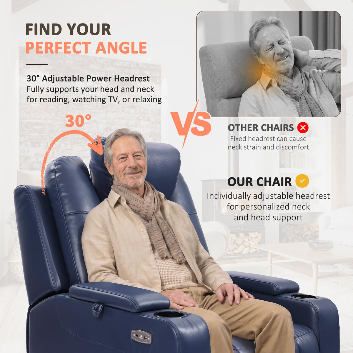 EONIX Large Triple Motor Power Lift Recliner Chair for Elderly, Navy Blue