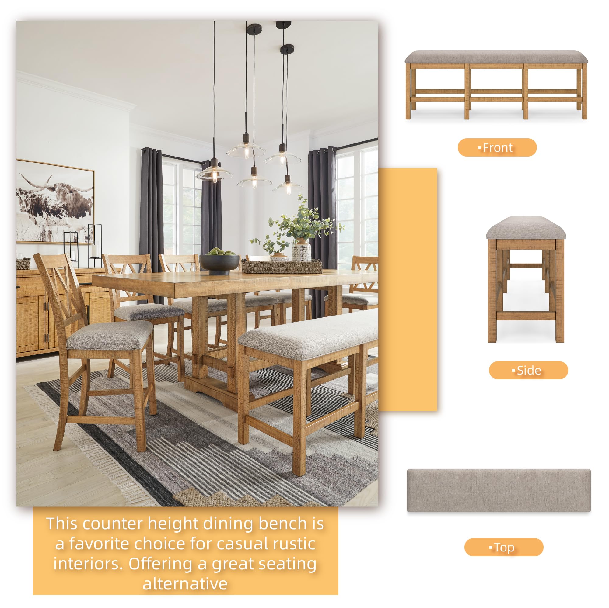 Counter Height Dining Bench, Light Brown & Light Gray