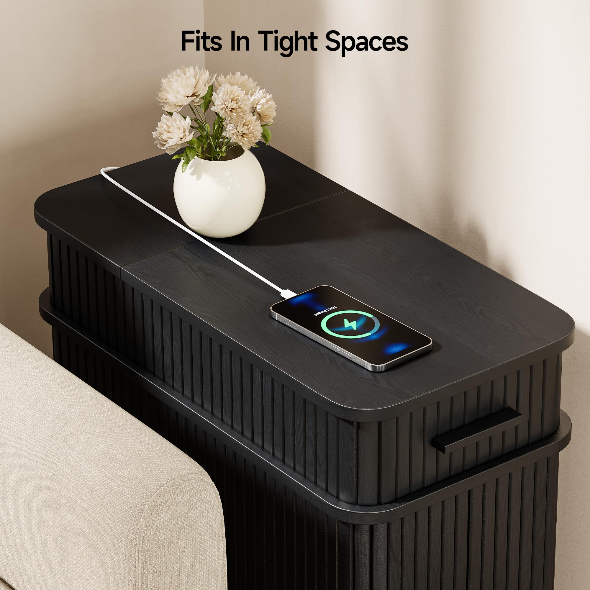 Fluted End Table with Charging Station & Storage